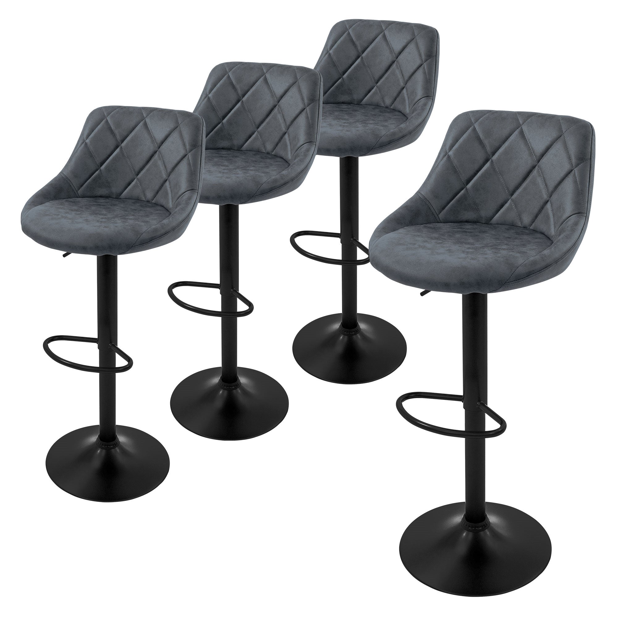 Vier graue Barhocker mit gepolsterten Sitzen und runder Basis.