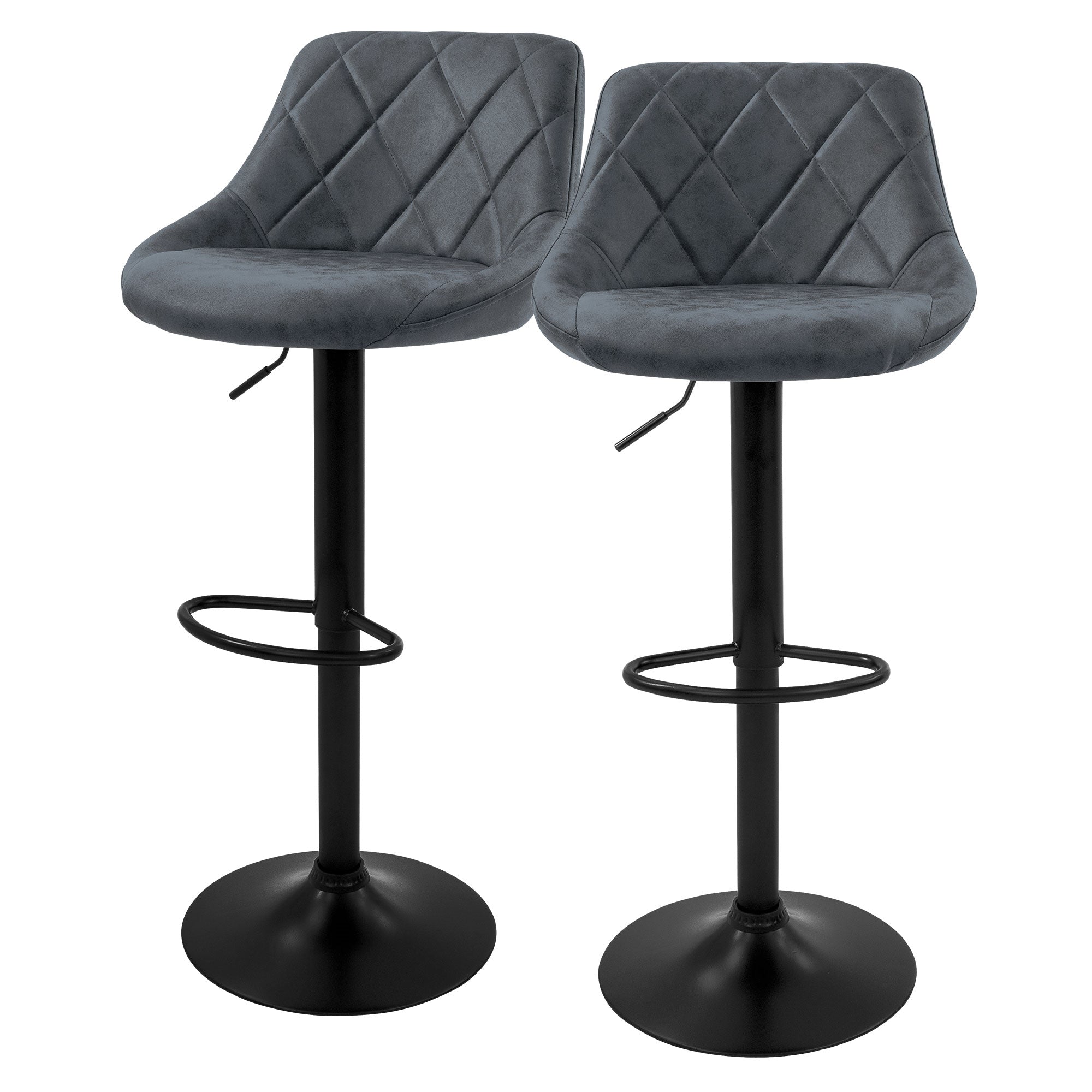 Zwei barhocker mit grauem, gepolstertem Sitz und schwarzem Fuß.