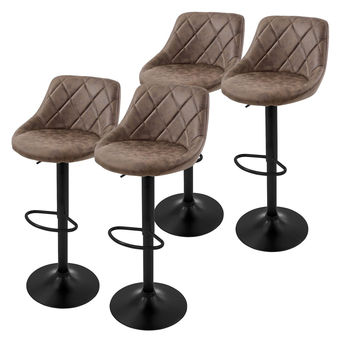 Four bar stools with brown faux leather upholstery and a black metal frame.