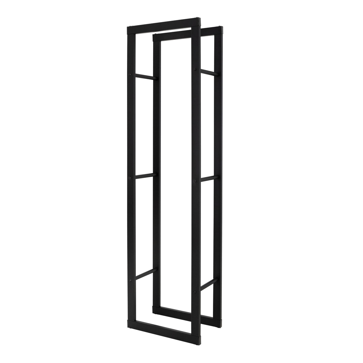 Two black shelf frames standing next to each other, with open sides.