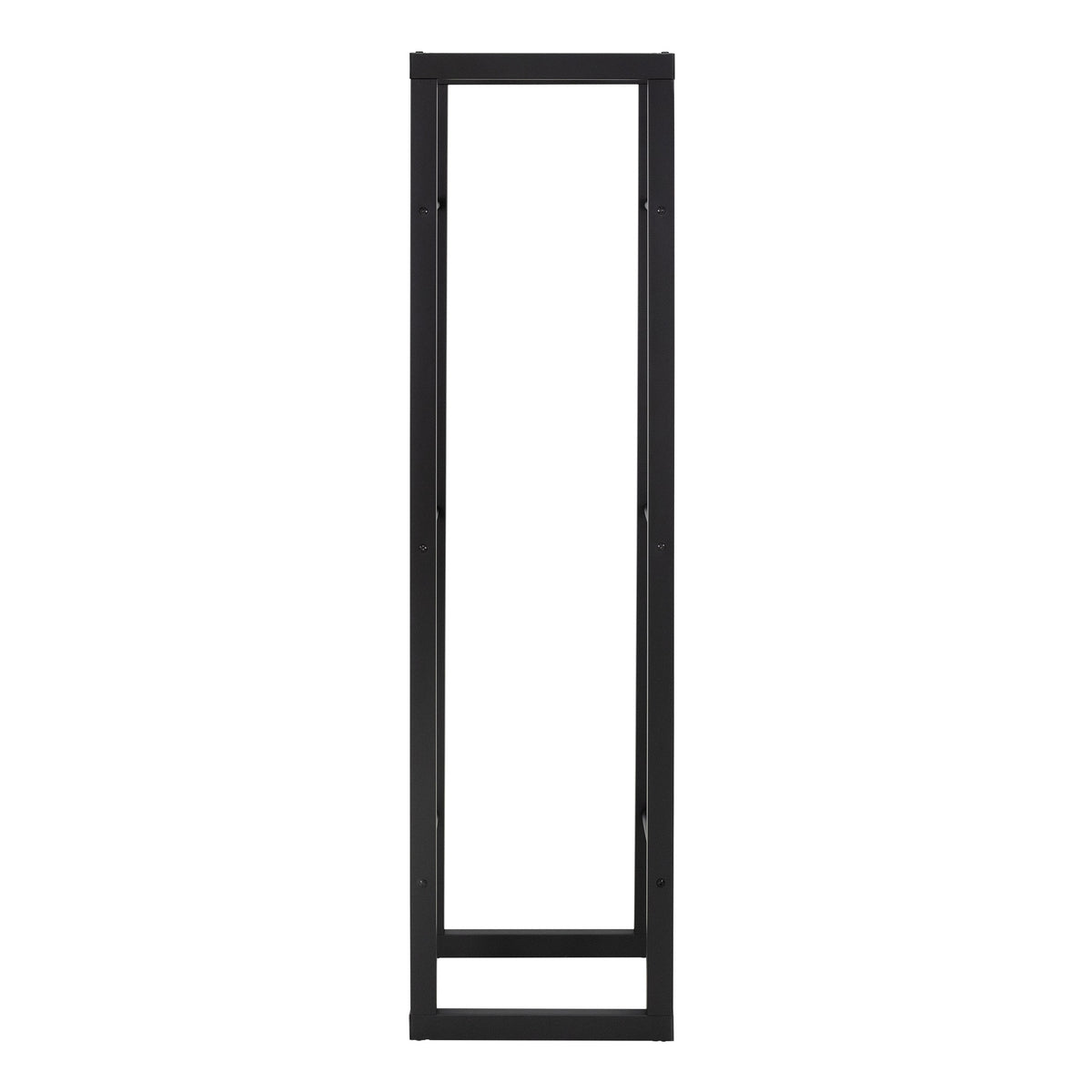 Black shelf frame viewed from the front, with a rectangular opening.