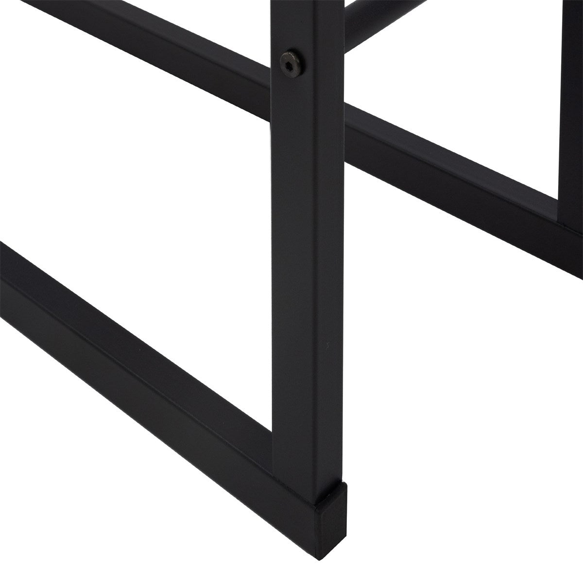 Close-up of a black shelving frame, focusing on the bottom corner.