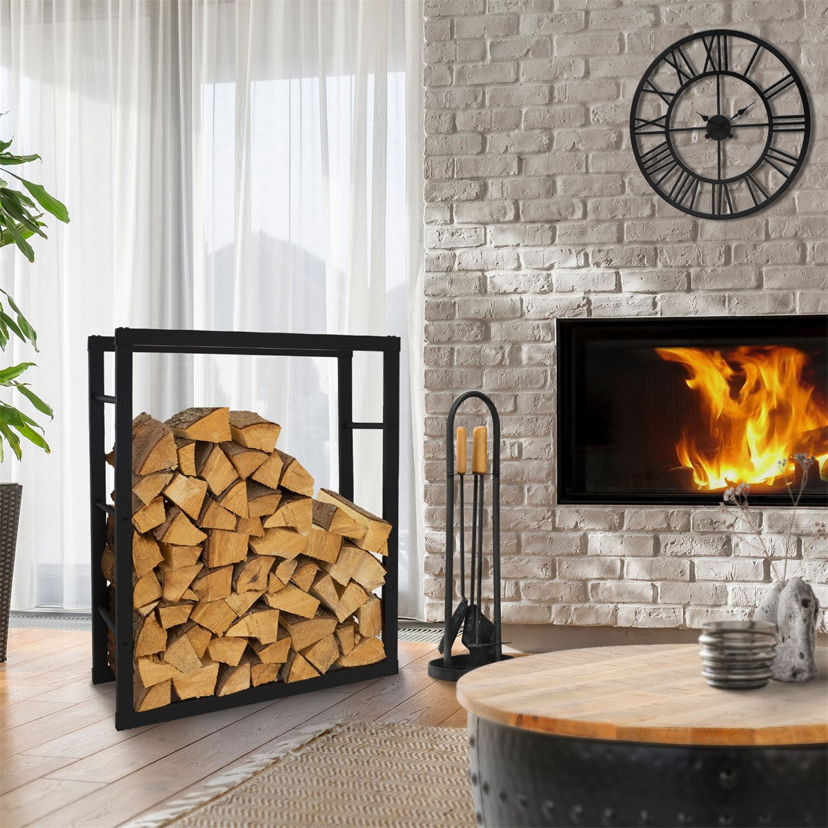 A wooden rack with stacked firewood in front of a fireplace and a clock on the wall.