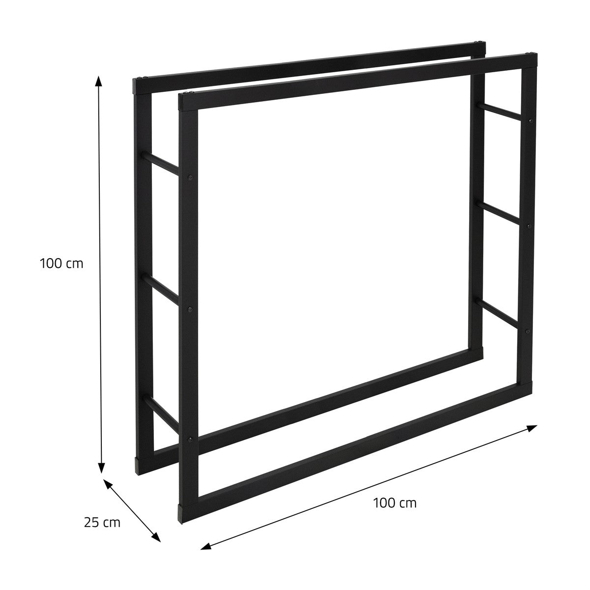 Cadre métallique noir aux dimensions suivantes : 100 cm de hauteur, 100 cm de largeur et 25 cm de profondeur.