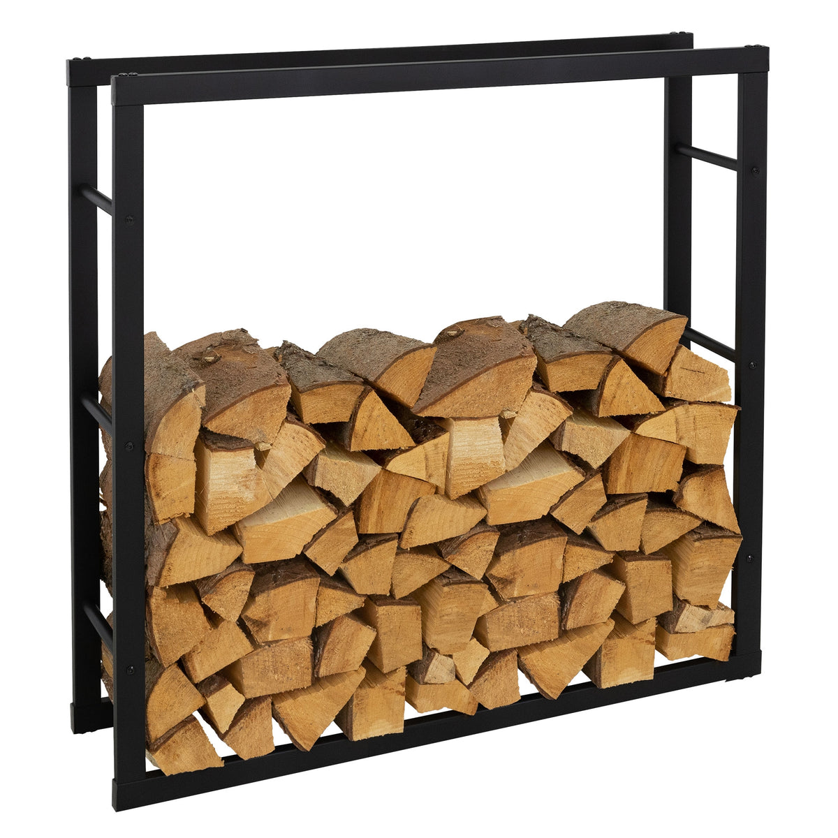 Un support en bois noir avec du bois empilé.