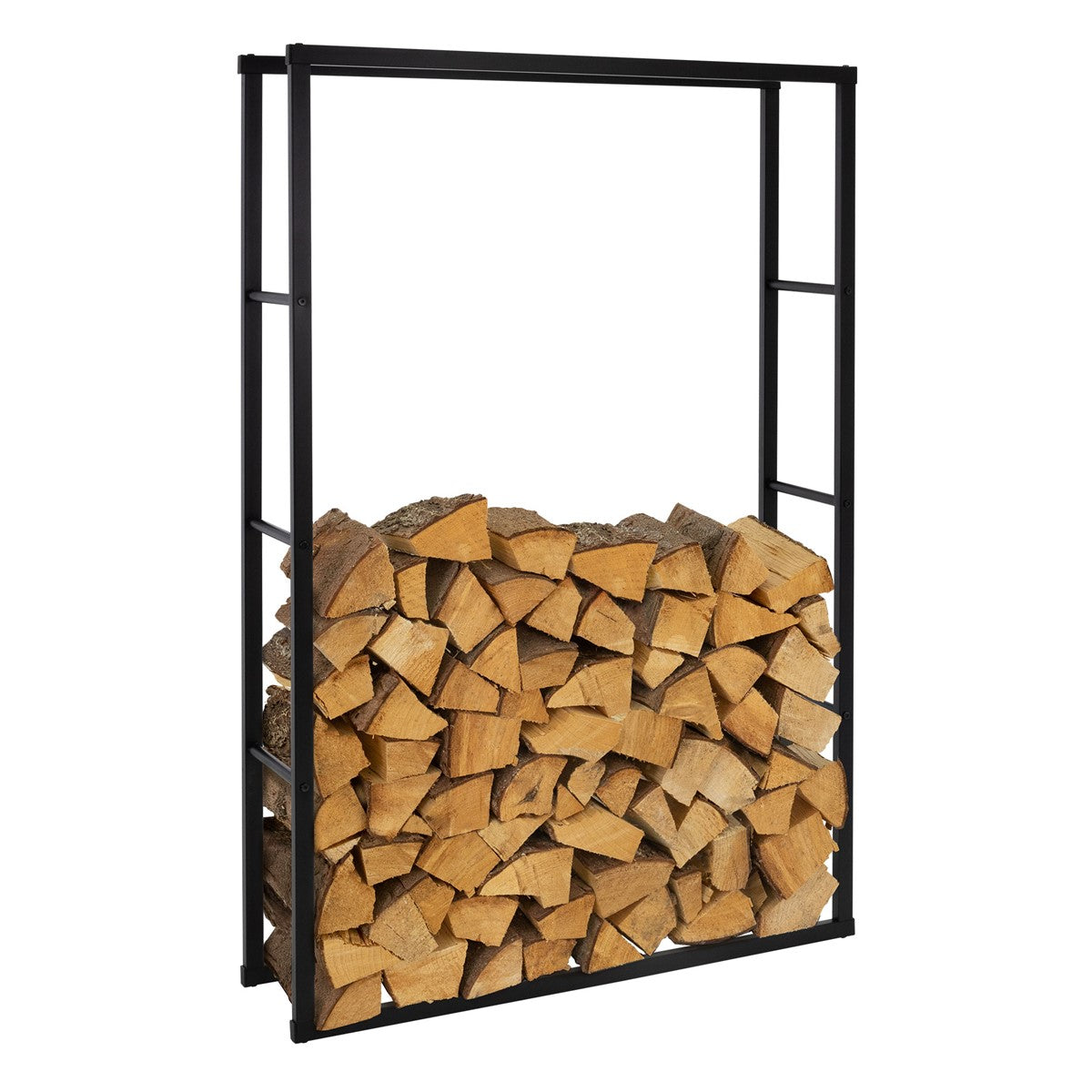 Ein Holzregal aus schwarzem Metall, gefüllt mit gestapeltem Holz.
