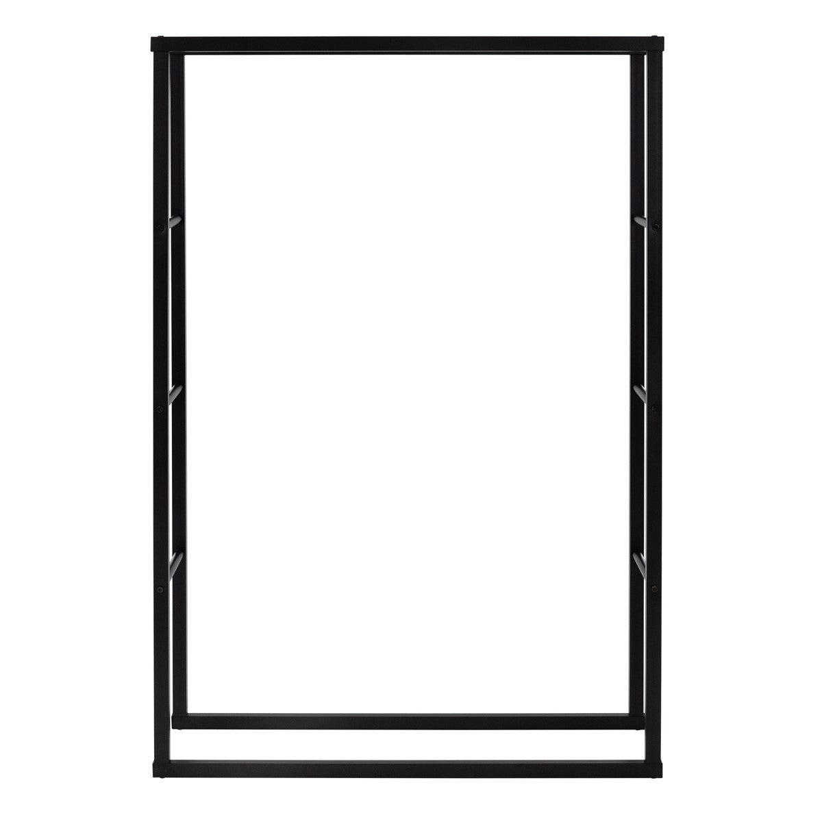 Ein schwarzes Metallregal ohne Holz, nur der Rahmen ist sichtbar.