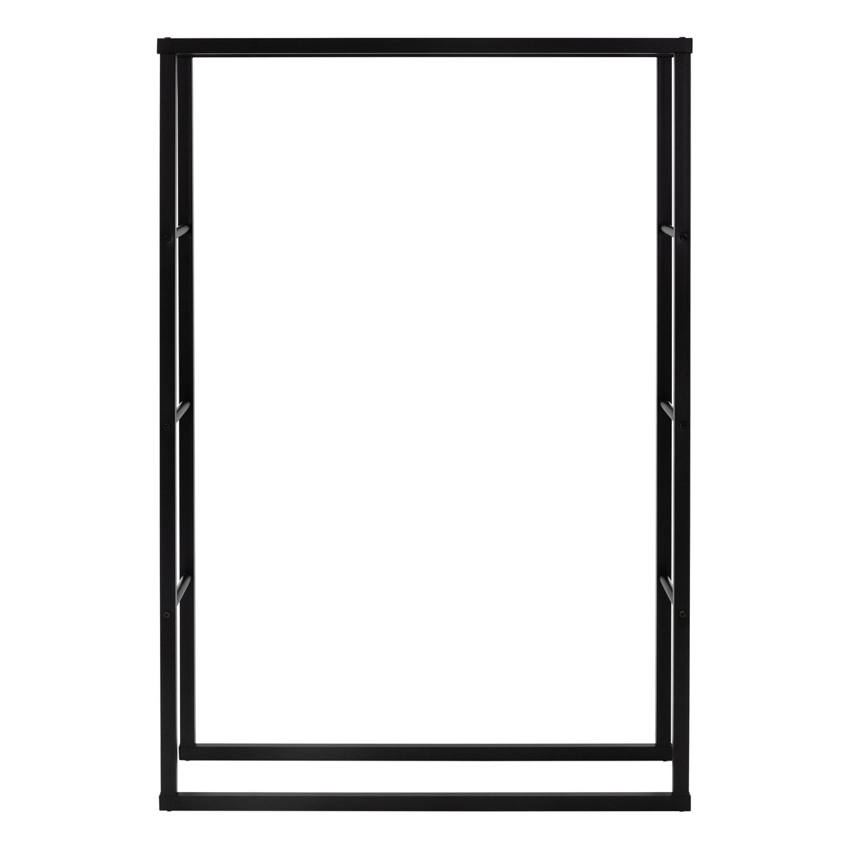 A black metal shelf without wood, only the frame is visible.