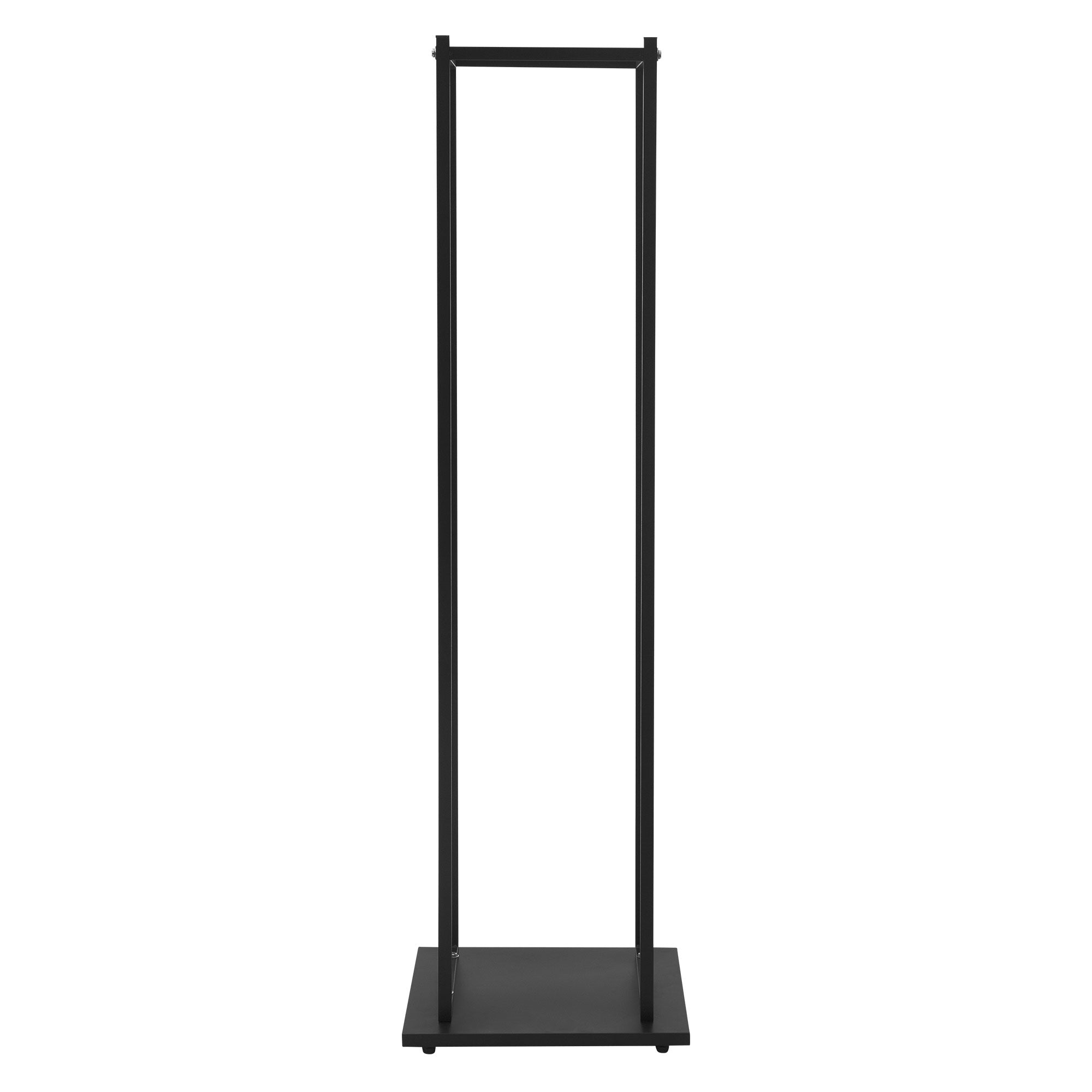 Ein schwarzes Gestell mit zwei vertikalen Stangen und einer quadratischen Basis.