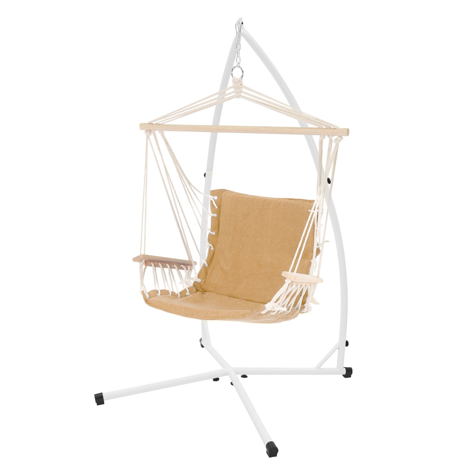 Hängesessel mit beige-farbenem Bezug, an einem weißen Gestell aufgehängt.