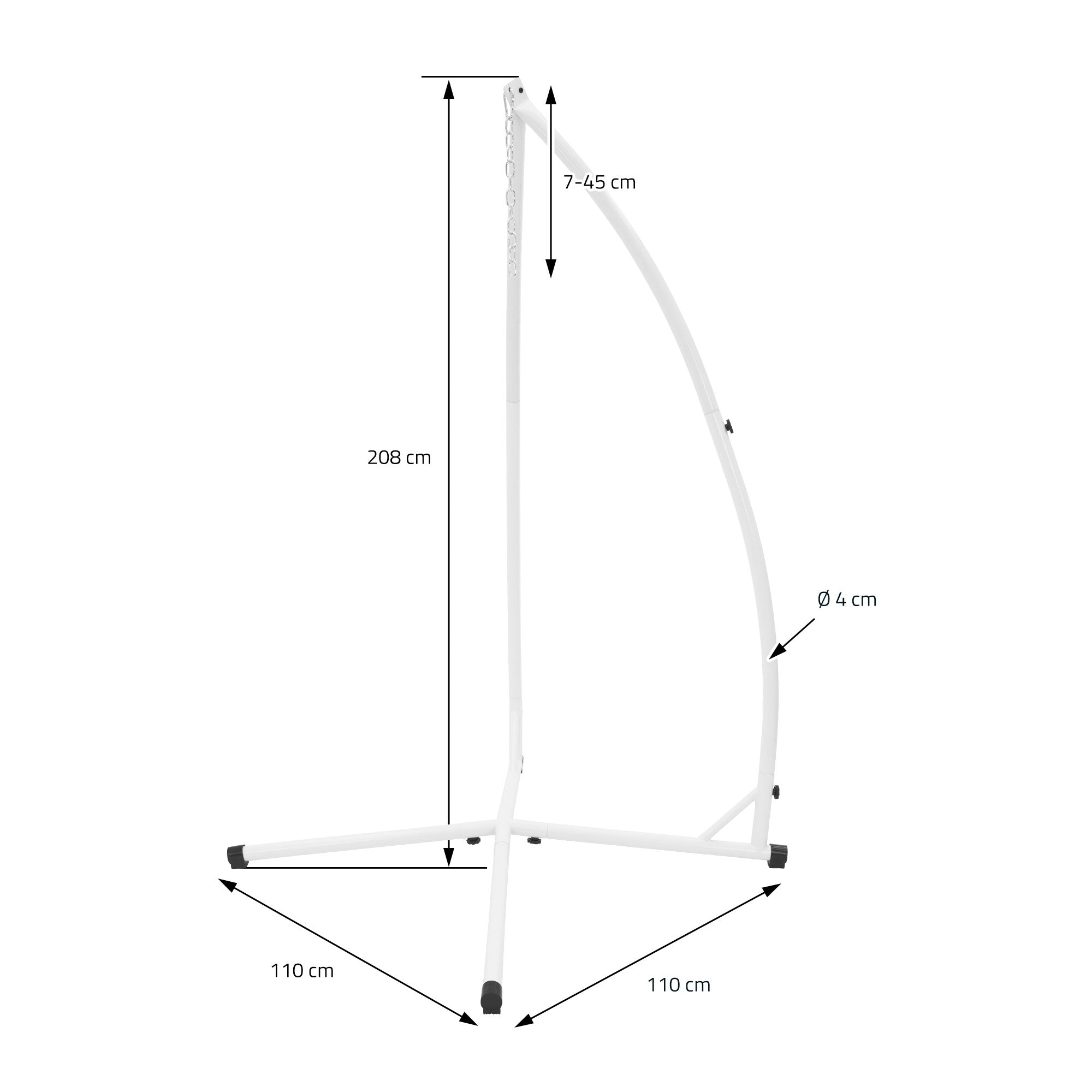 Fehér függő állvány méretekkel, magasság 208 cm, szélesség 110 cm, átmérő 4 cm.