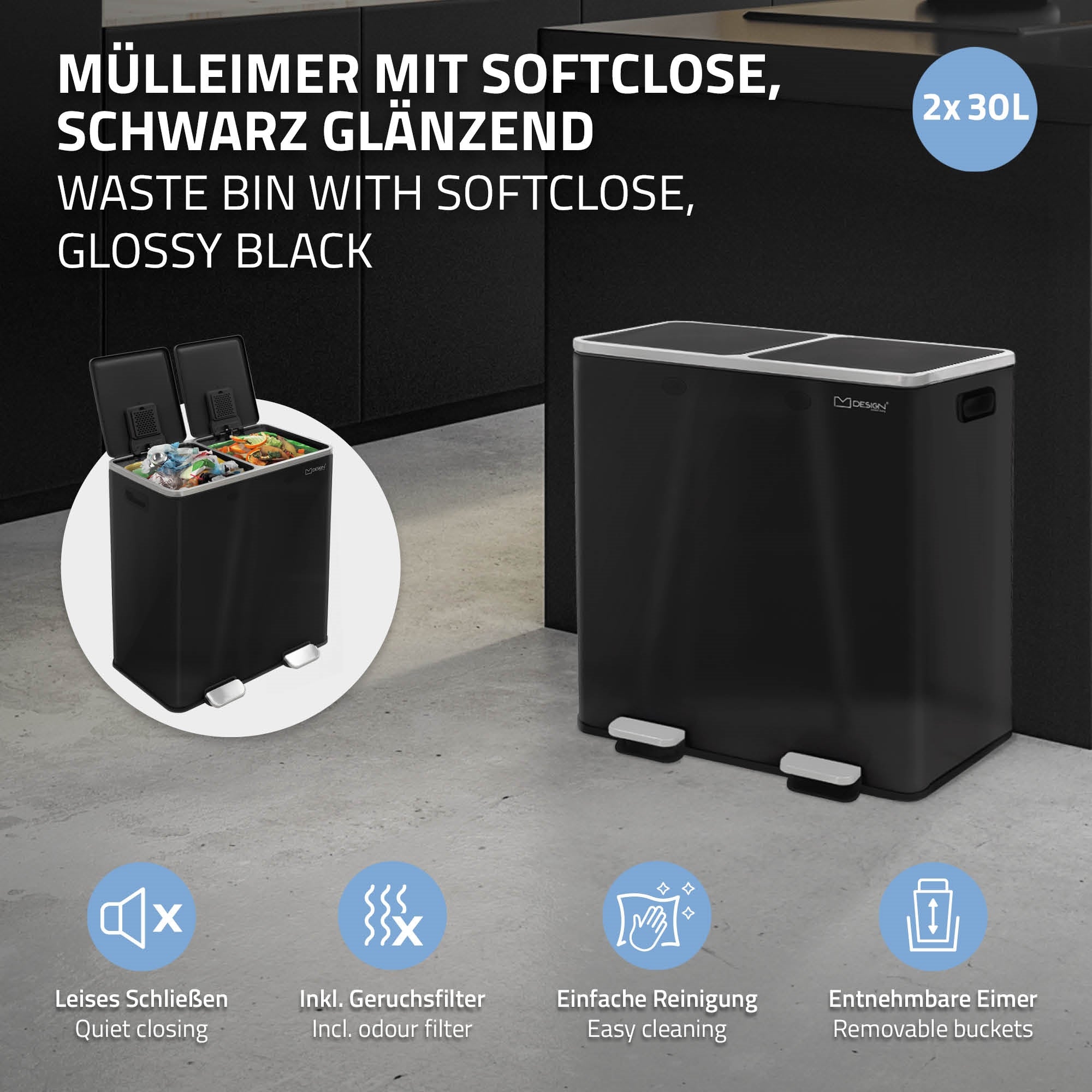 Müllbehälter mit Softclose-Funktion, glänzend schwarz, mit zwei 30L Fächern.