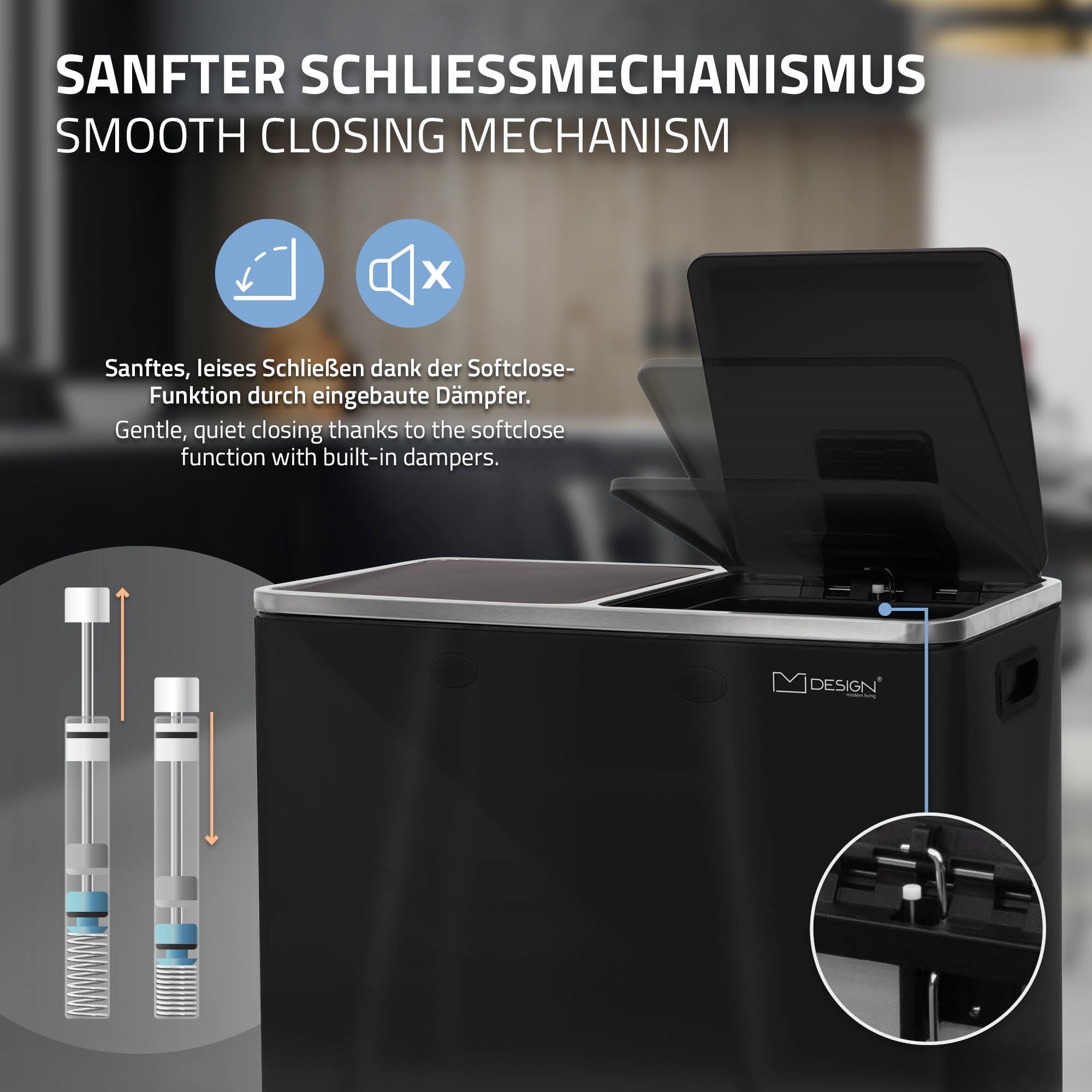 Detailansicht eines Mülleimers mit Softclose-Funktion und Dämpfern.