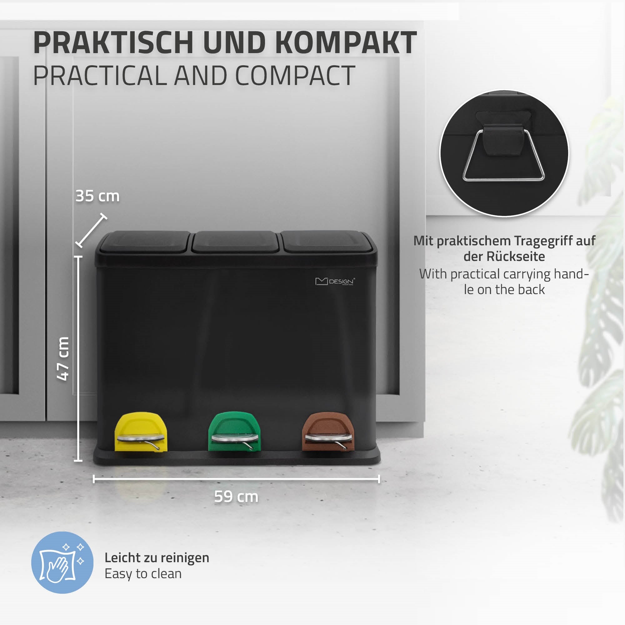 Szemétválogató rendszer praktikus méretekkel és hátsó fogantyúval.