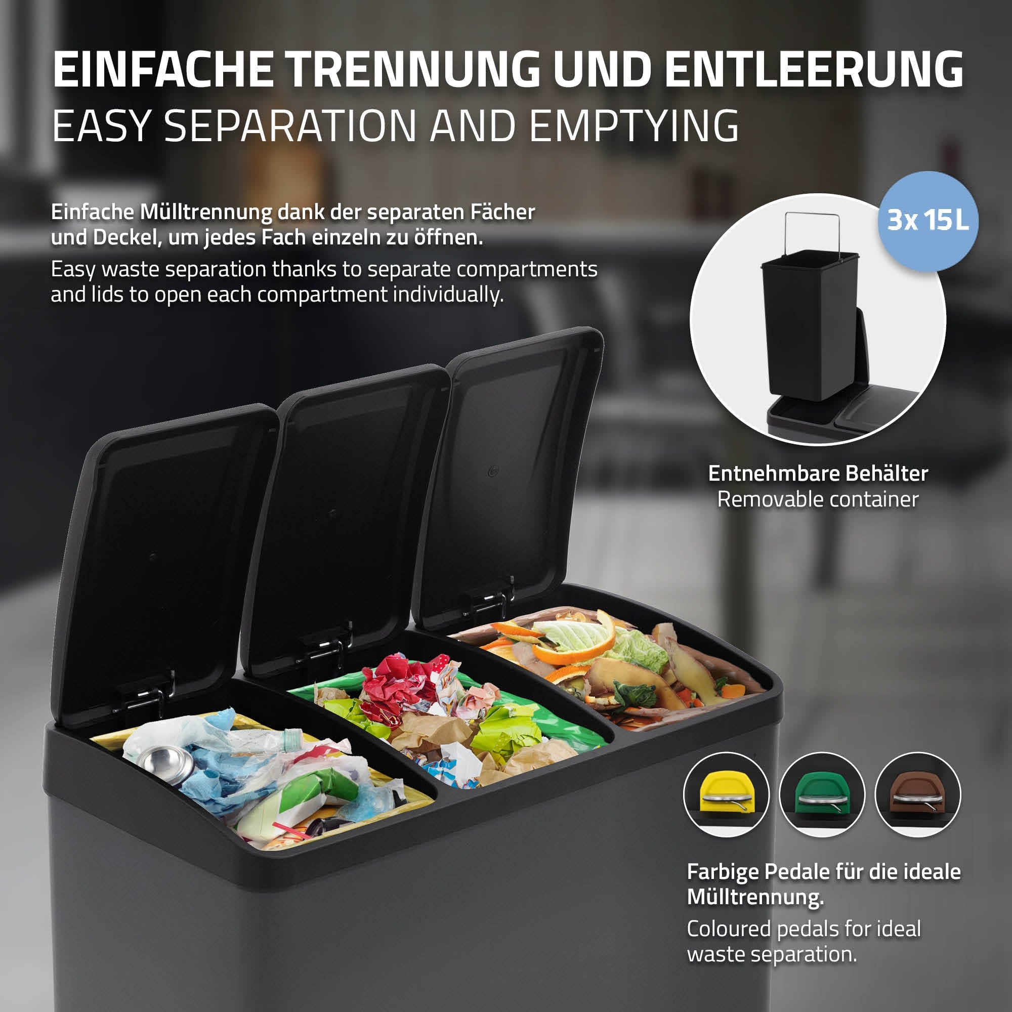 Mülltrennsystem mit drei Fächern, abnehmbaren Behältern und farbigen Pedalen.