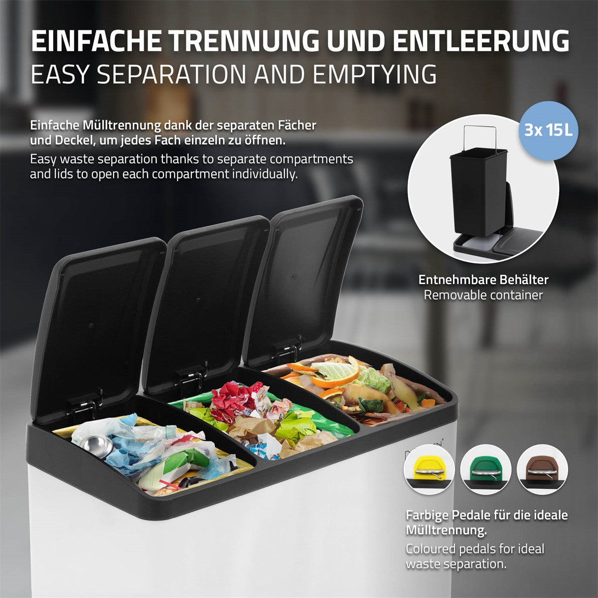 Grafik zur Mülltrennung mit drei Fächern und Entleerungshinweisen.