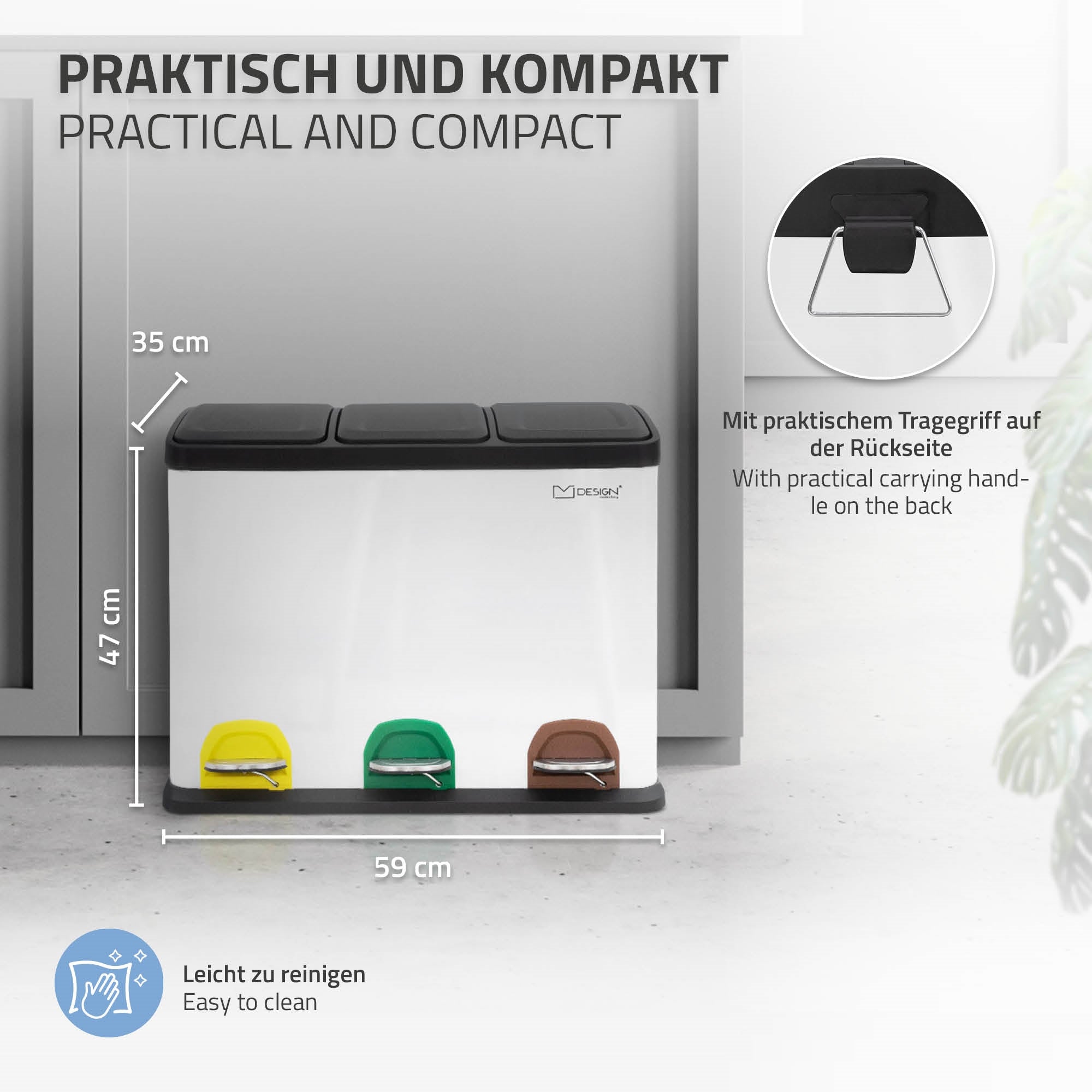 Mülltrennsystem mit drei Fächern und Fußpedalen, auf einem hellen Hintergrund.