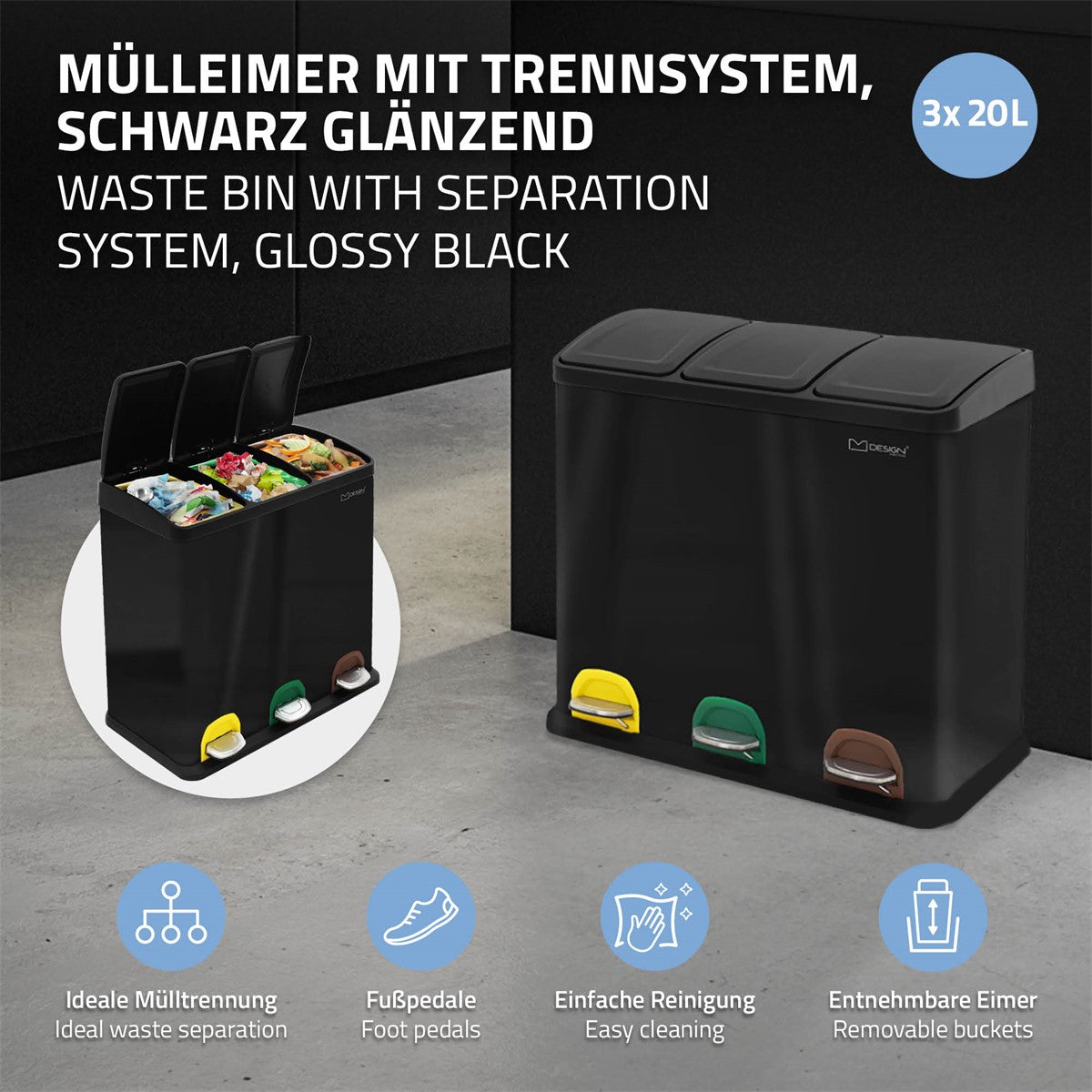 Schwarzer Müllbehälter mit drei Fächern und Fußpedalen.