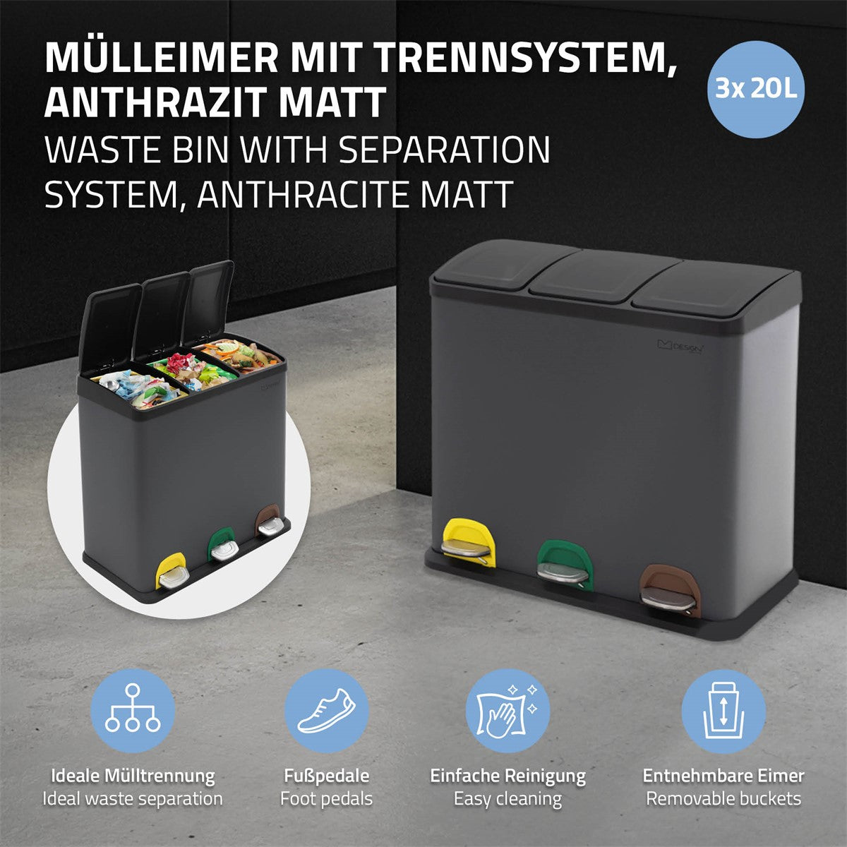 Mülleimer mit Trennsystem in Anthrazit, drei Fächer, Fußpedale.