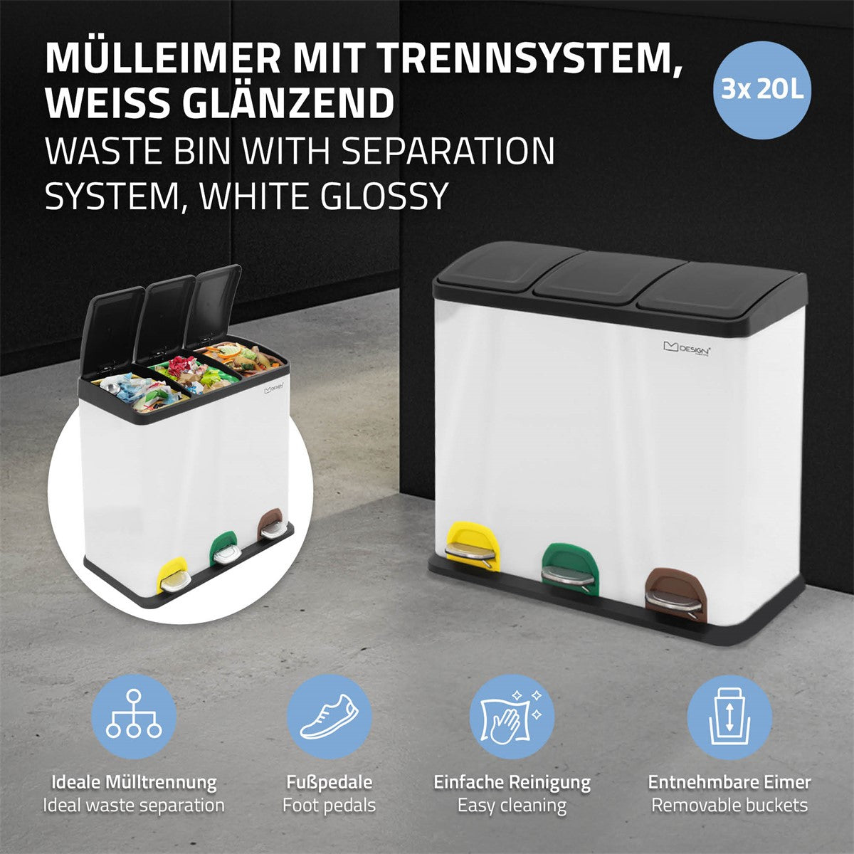 Mülleimer mit Trennsystem in Weiß, drei Fächer, Fußpedale in verschiedenen Farben.