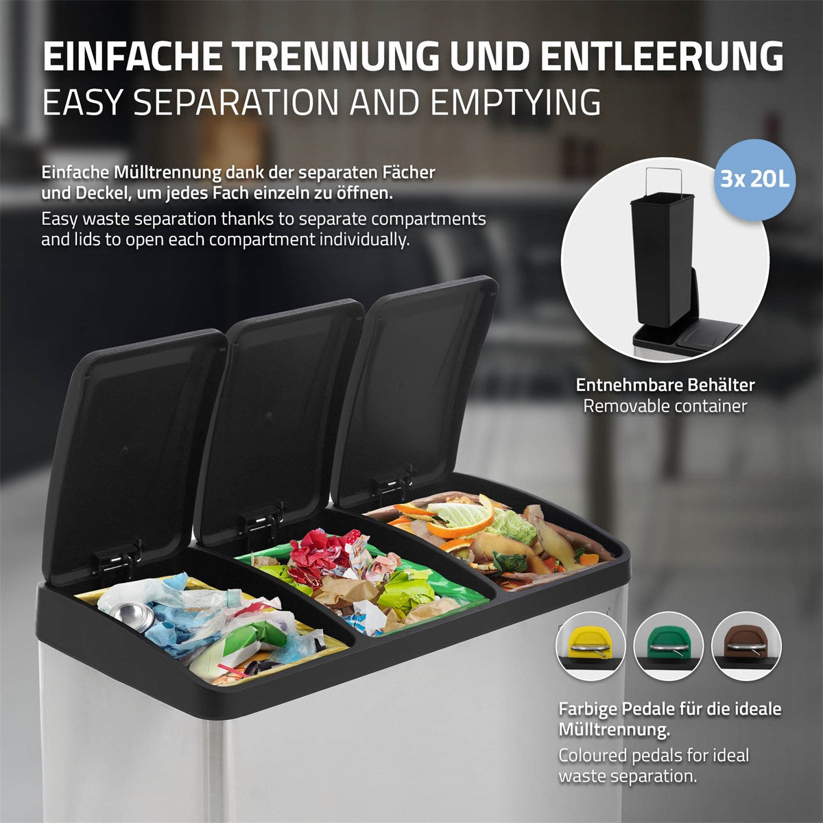 Mülltrennsystem mit abnehmbaren Behältern und farbigen Pedalen.