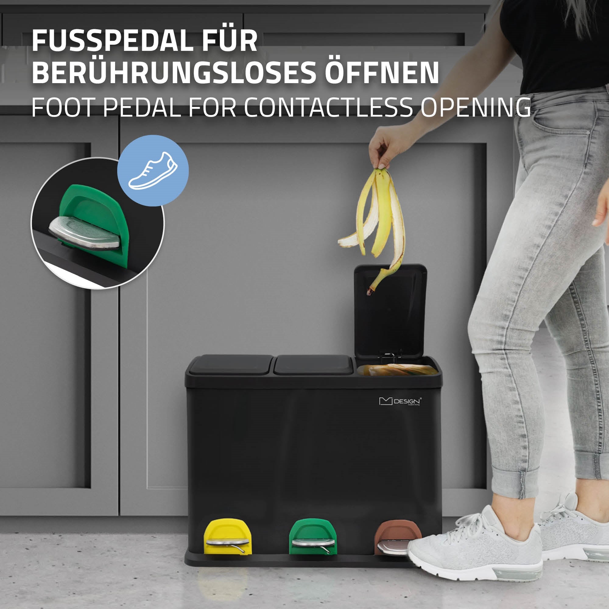 Mülltrennsystem mit Fußpedalen in verschiedenen Farben auf einer Küchenarbeitsplatte.