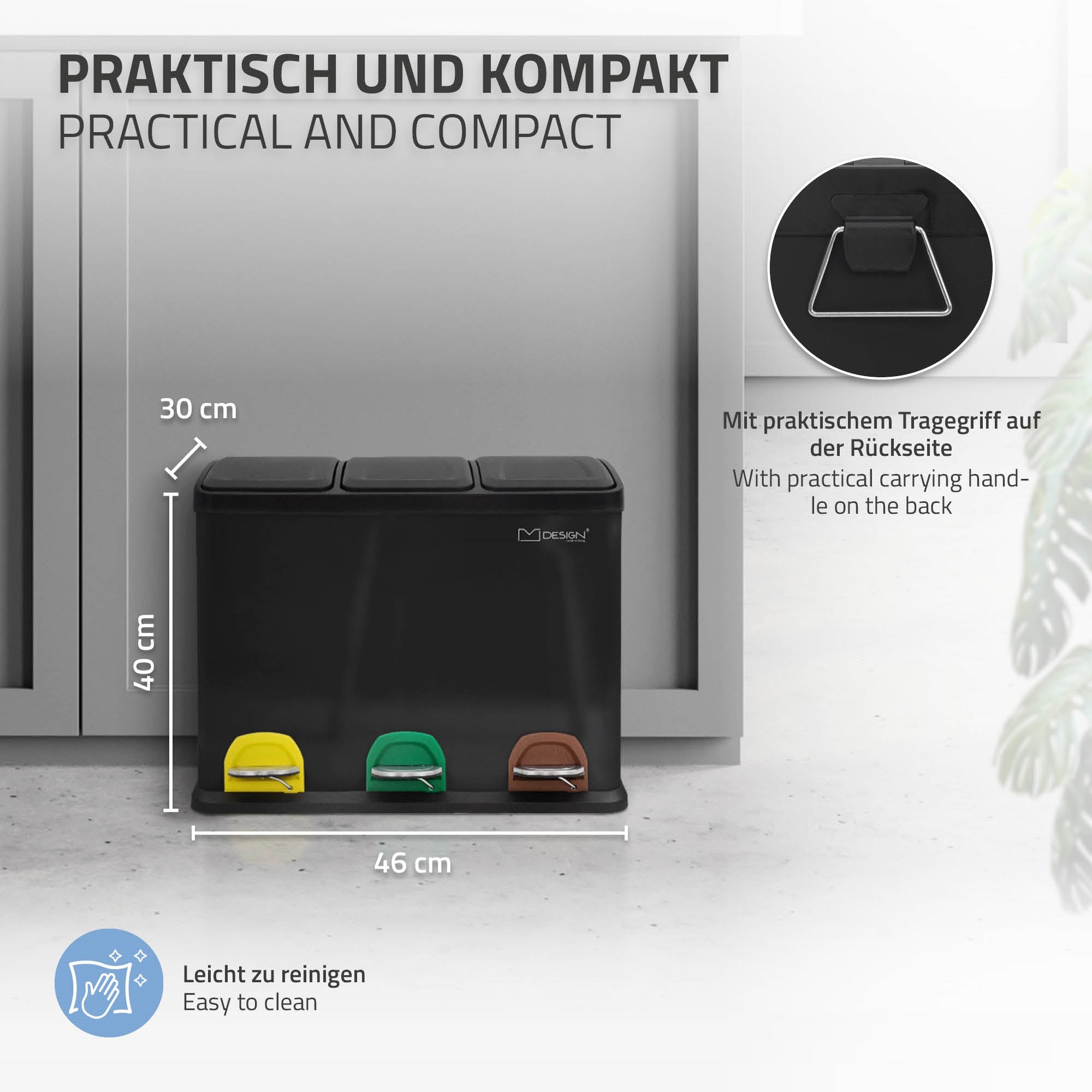 Mülltrennsystem mit Tragegriff auf der Rückseite.