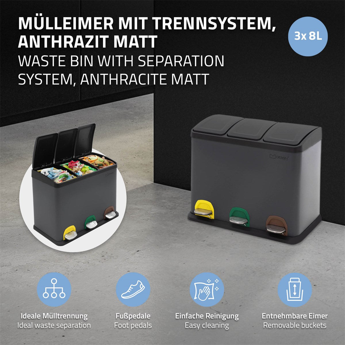 Müllbehälter mit Trennsystem, drei Fächer, anthrazit, auf einem Boden.