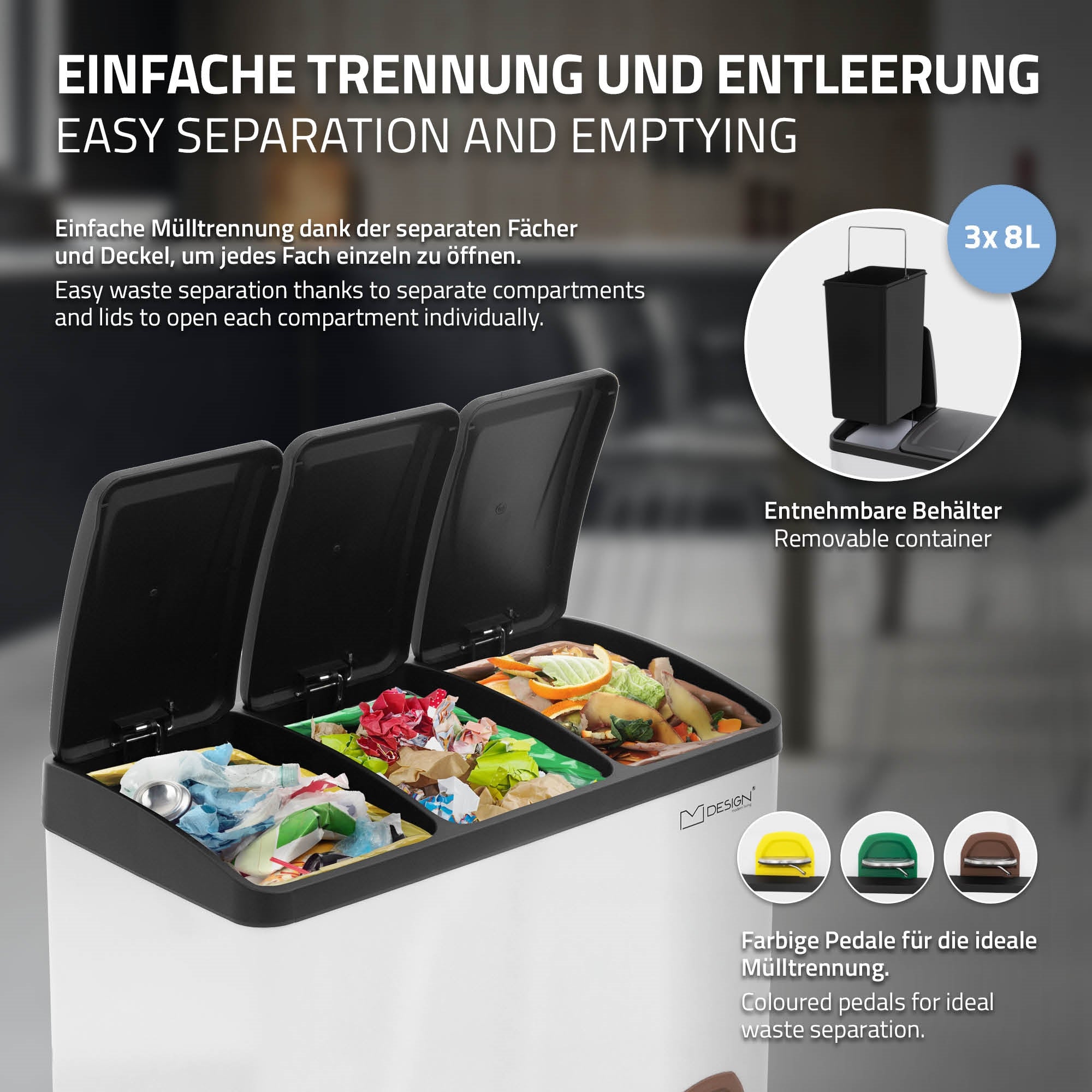 Mülleimer mit separaten Fächern, Deckel geöffnet, bunte Pedale.