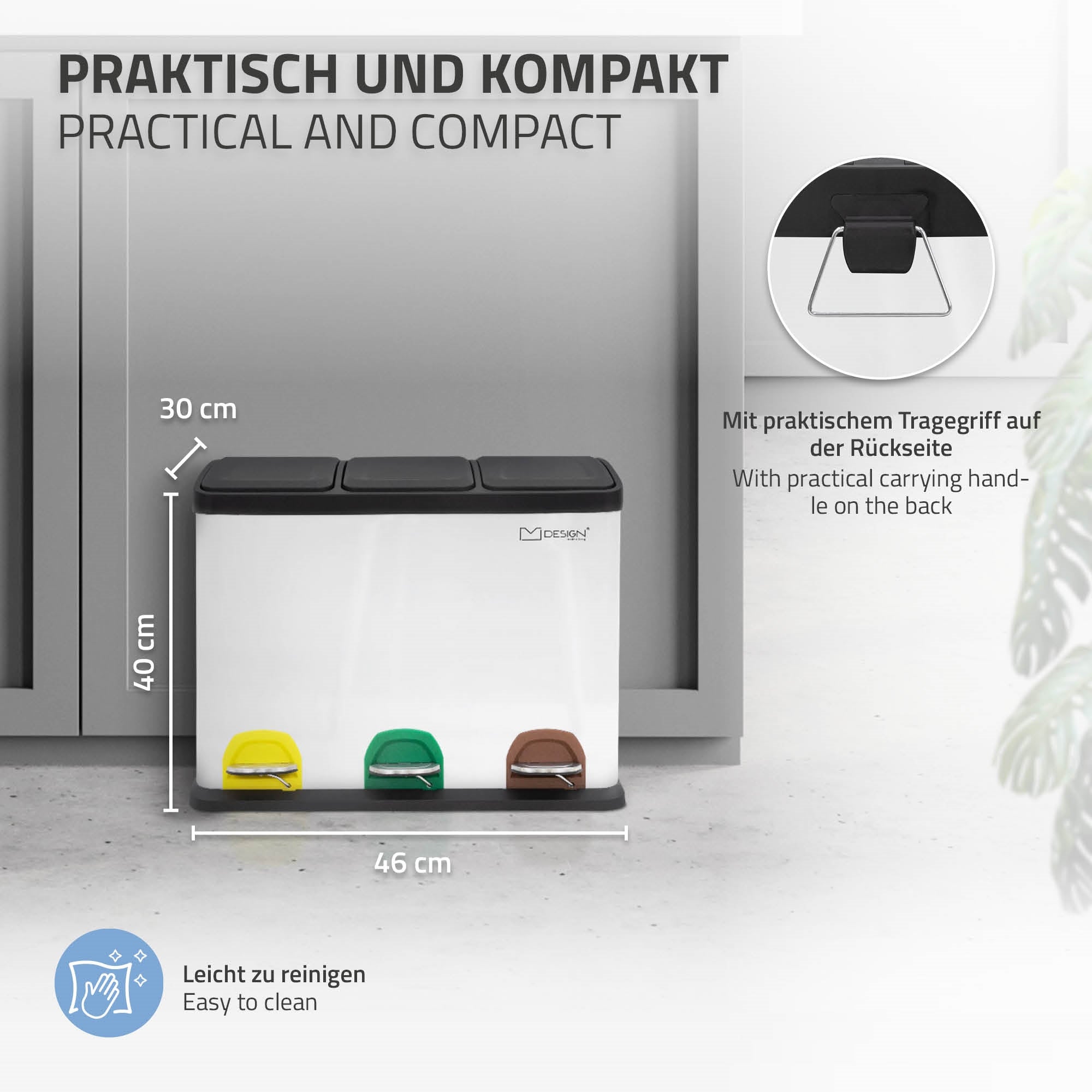 Praktischer Mülleimer mit Tragegriff, drei Fächer und Fußpedale.