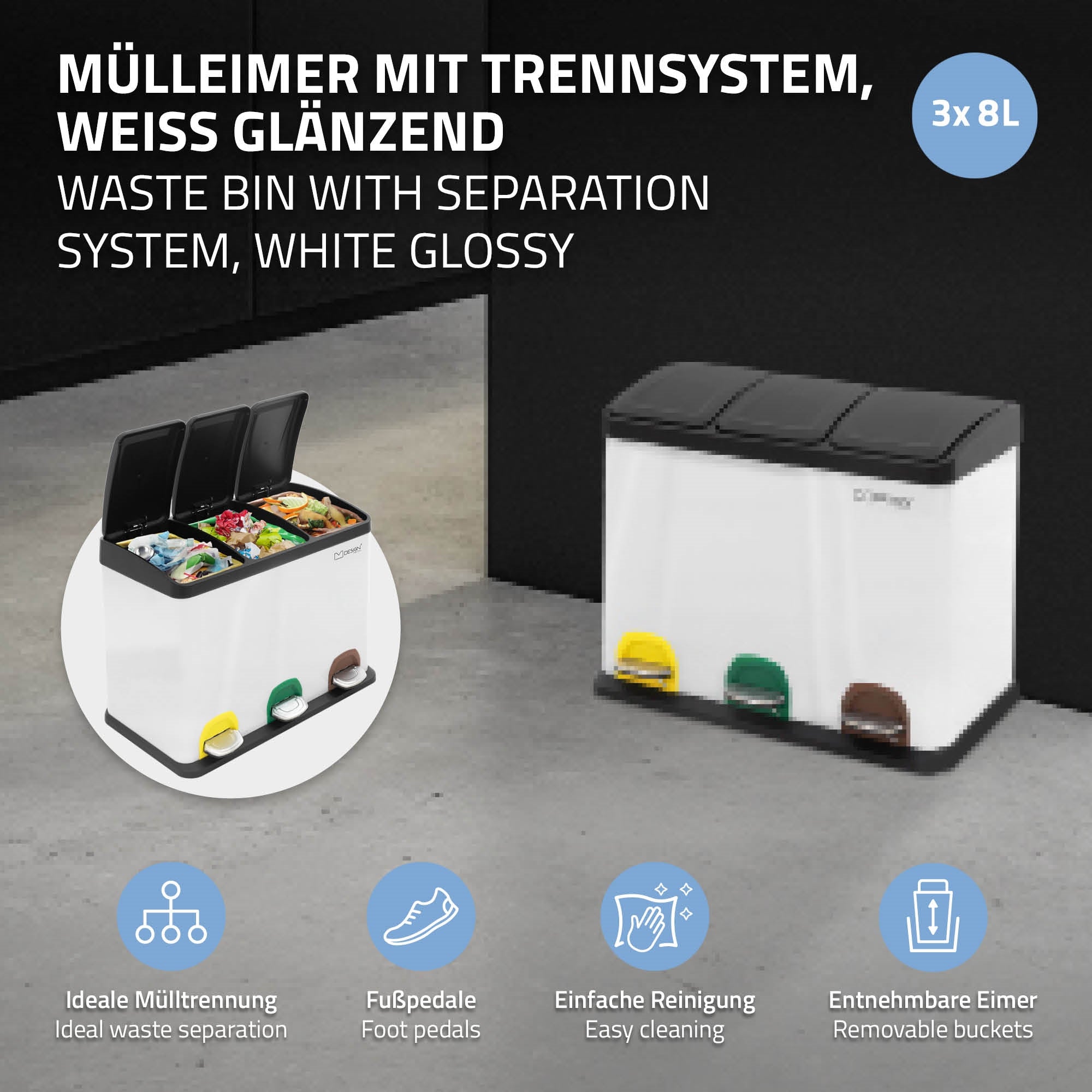 Mülleimer mit Trennsystem, weiß glänzend, drei Fächer, Fußpedale in verschiedenen Farben.