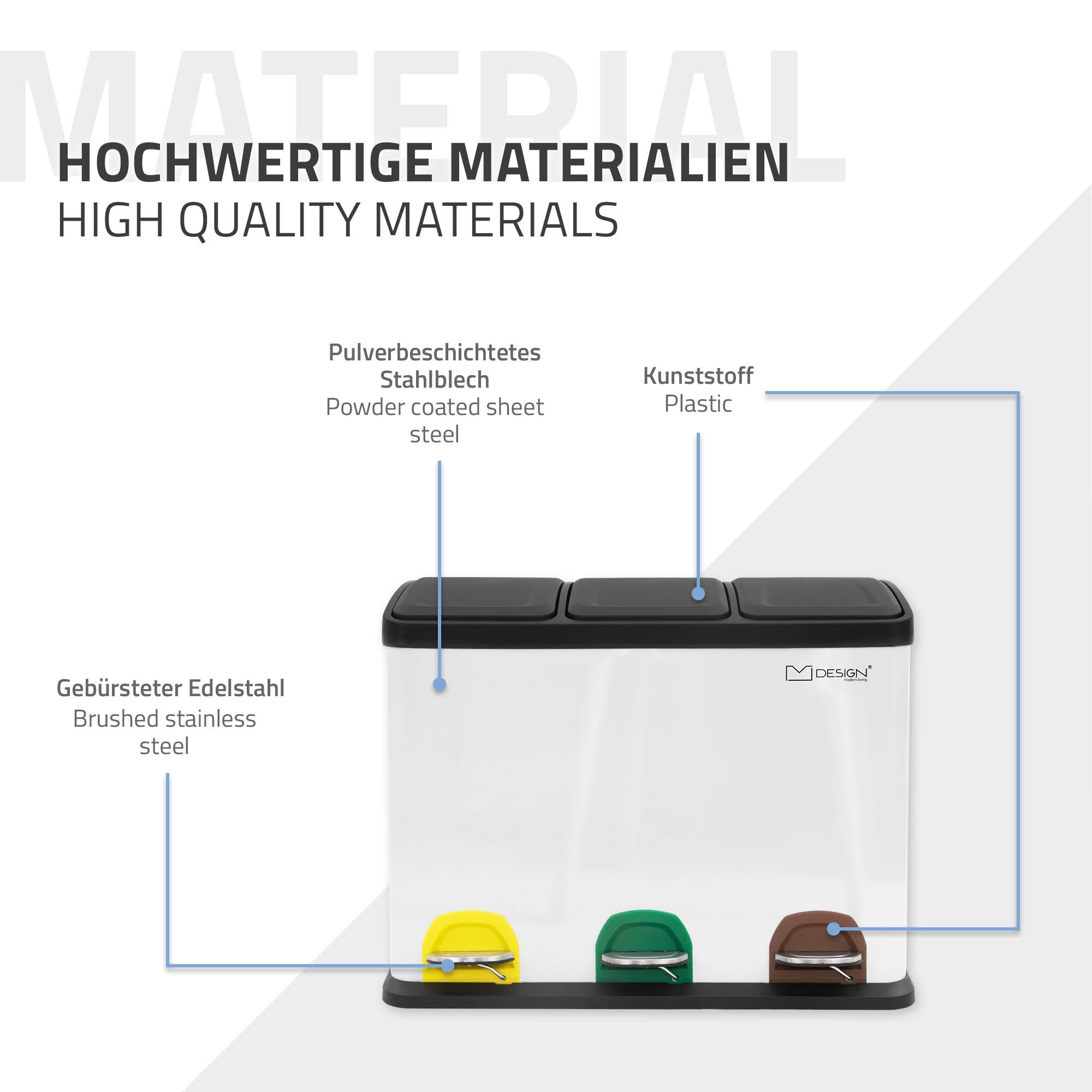 Mülltrennsystem mit drei Behältern in verschiedenen Farben und Fußpedalen.