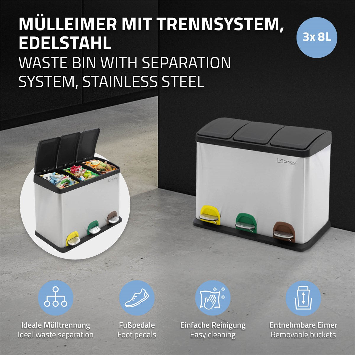 Mülleimer mit Trennsystem aus Edelstahl, drei Fächer und Fußpedale.