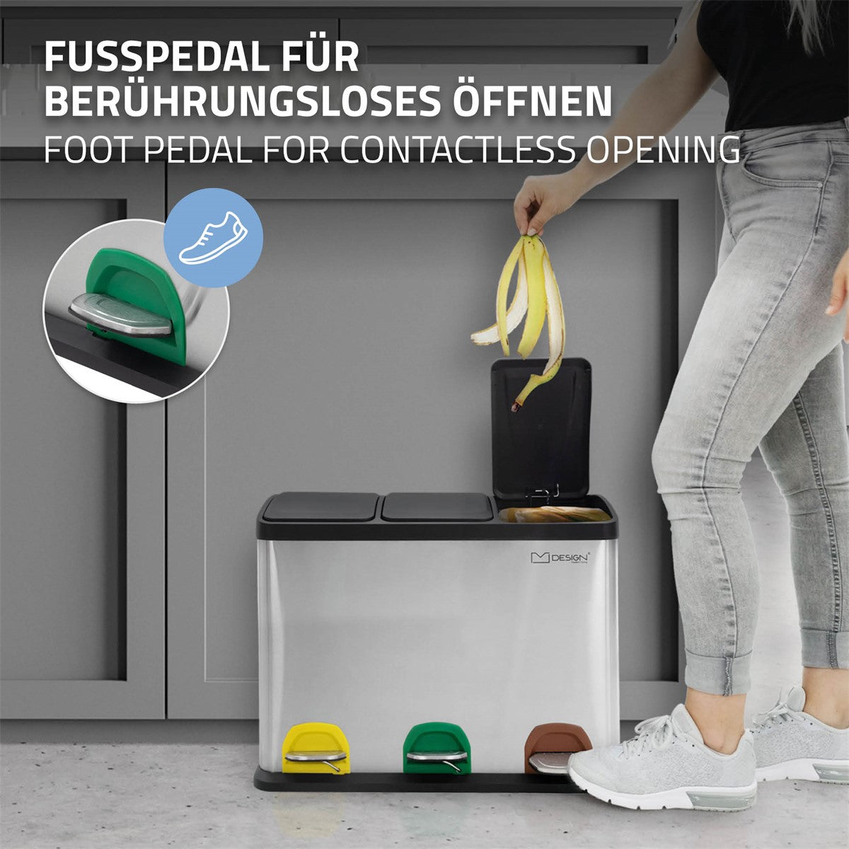 Edelstahl-Mülleimer mit Fußpedal, drei farbige Pedale für kontaktloses Öffnen.