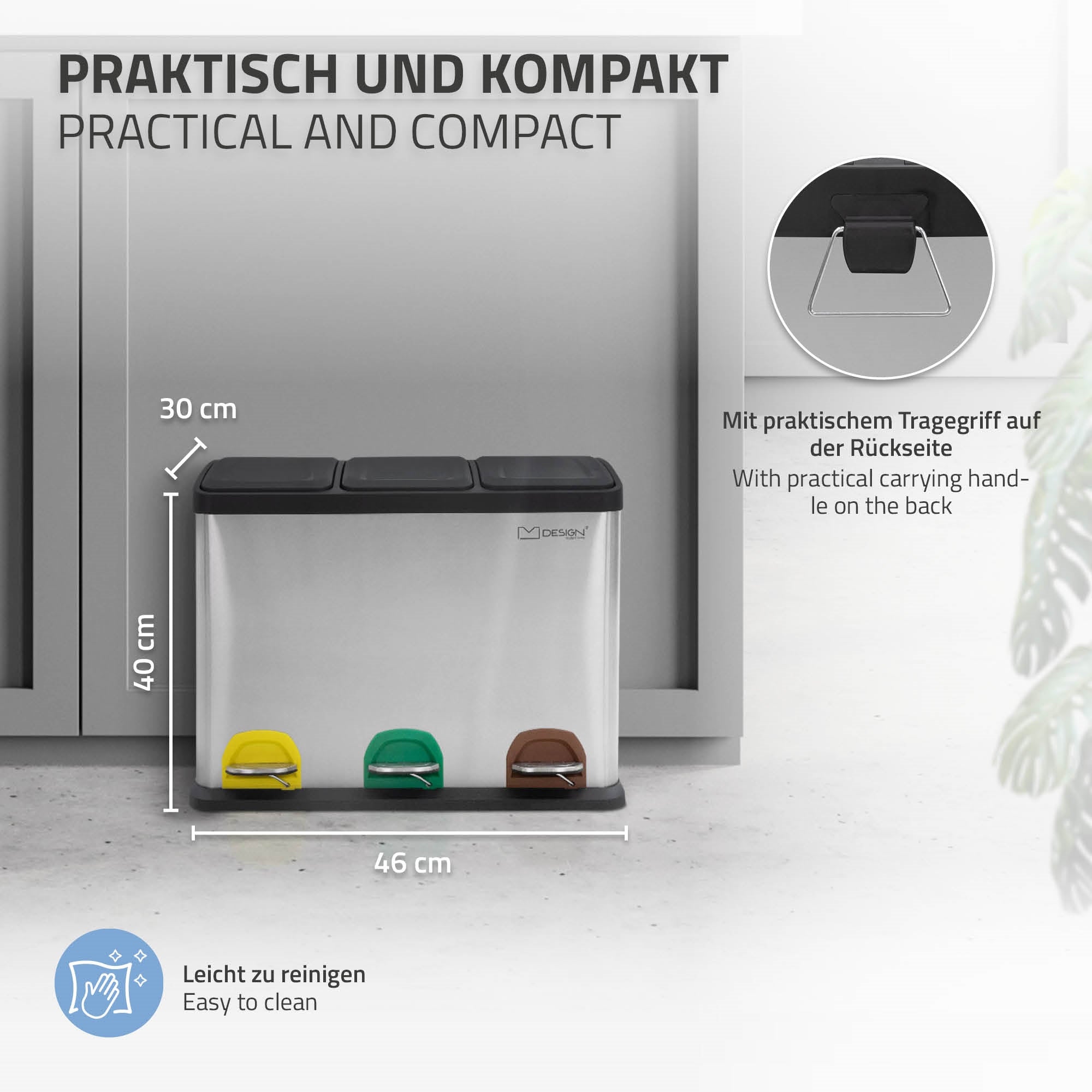 Waste separation system with three compartments and foot pedals in a modern kitchen.