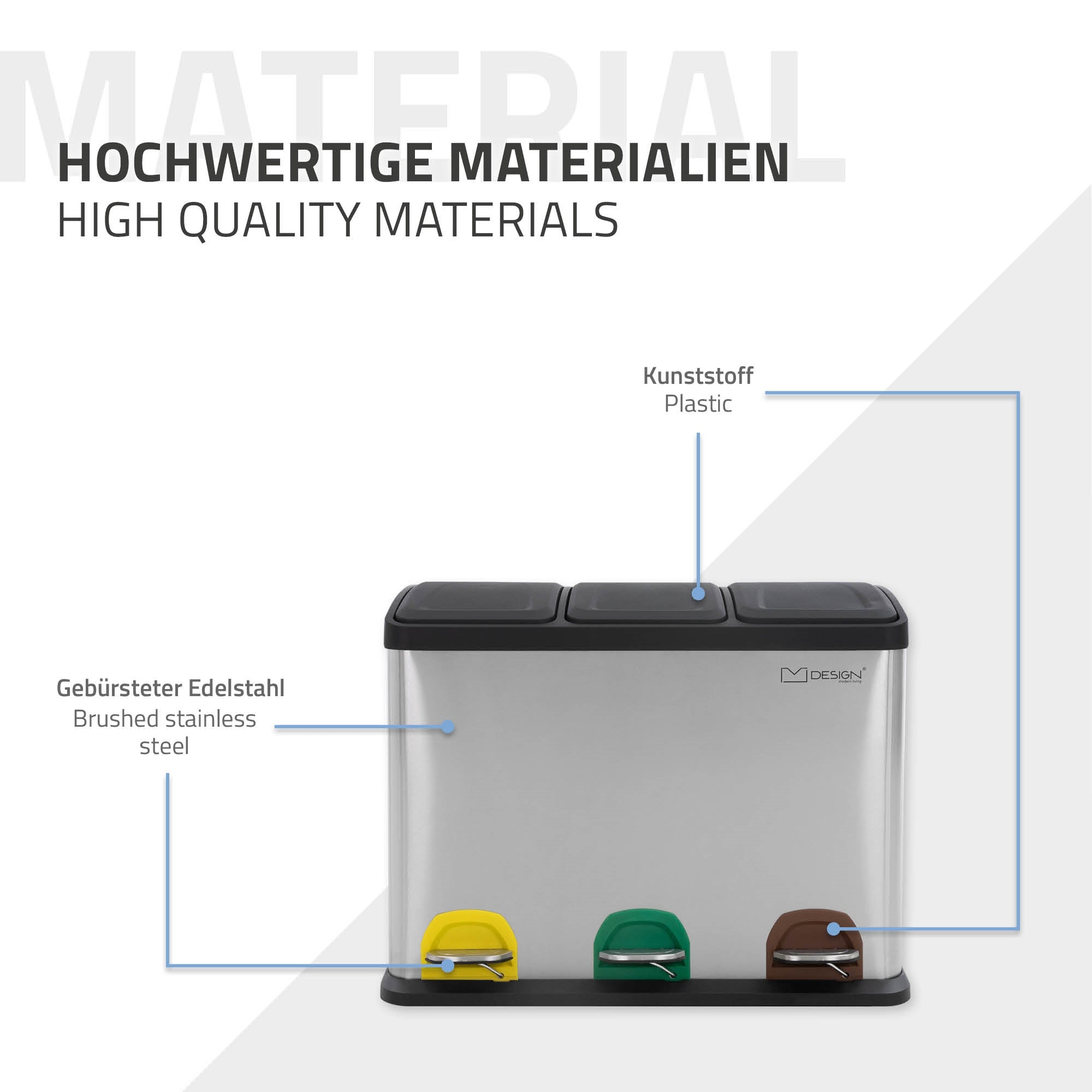 Waste separation system made of stainless steel with different materials.