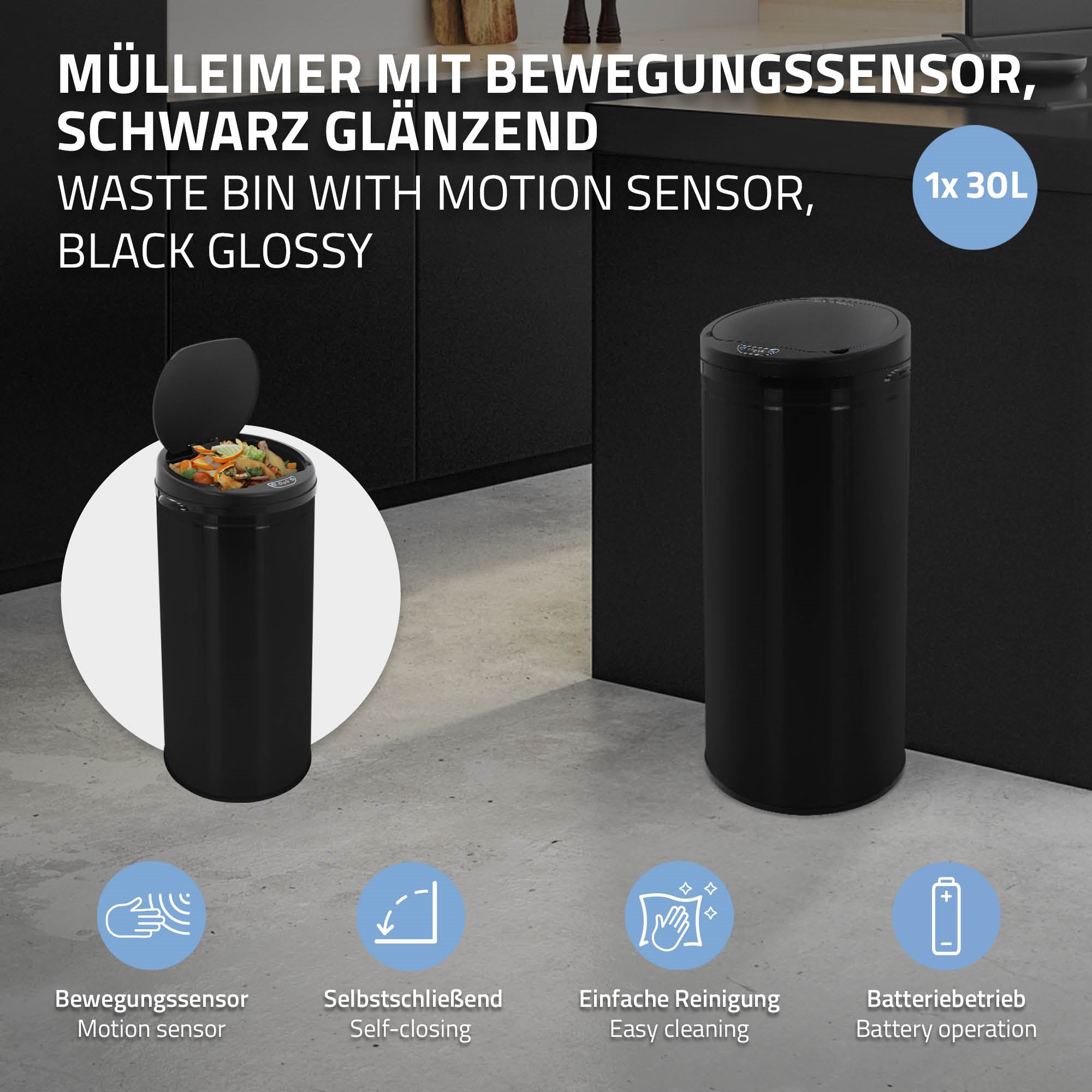 Trash can with motion sensor, glossy black, 30L capacity.