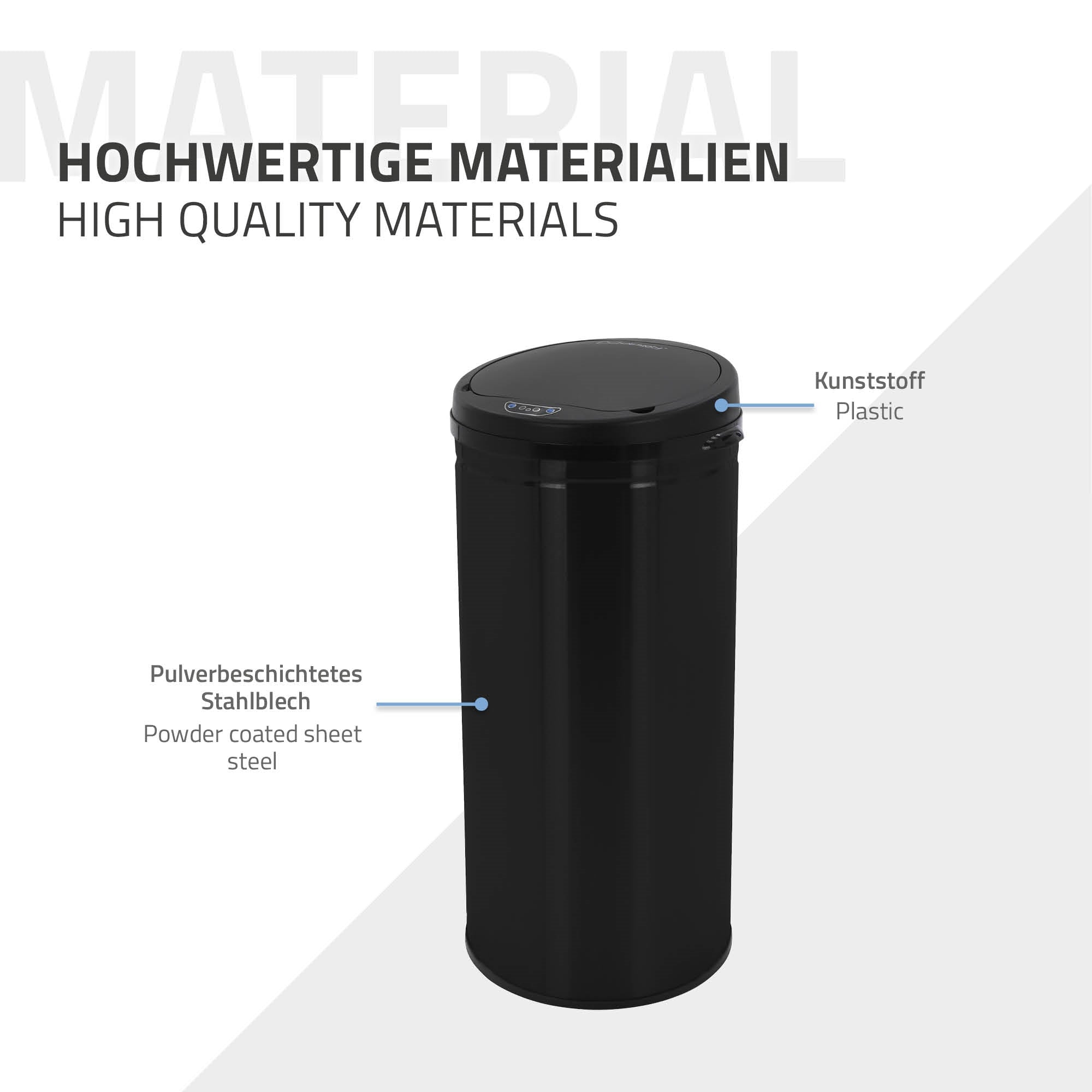 A black plastic trash can with information about the materials.
