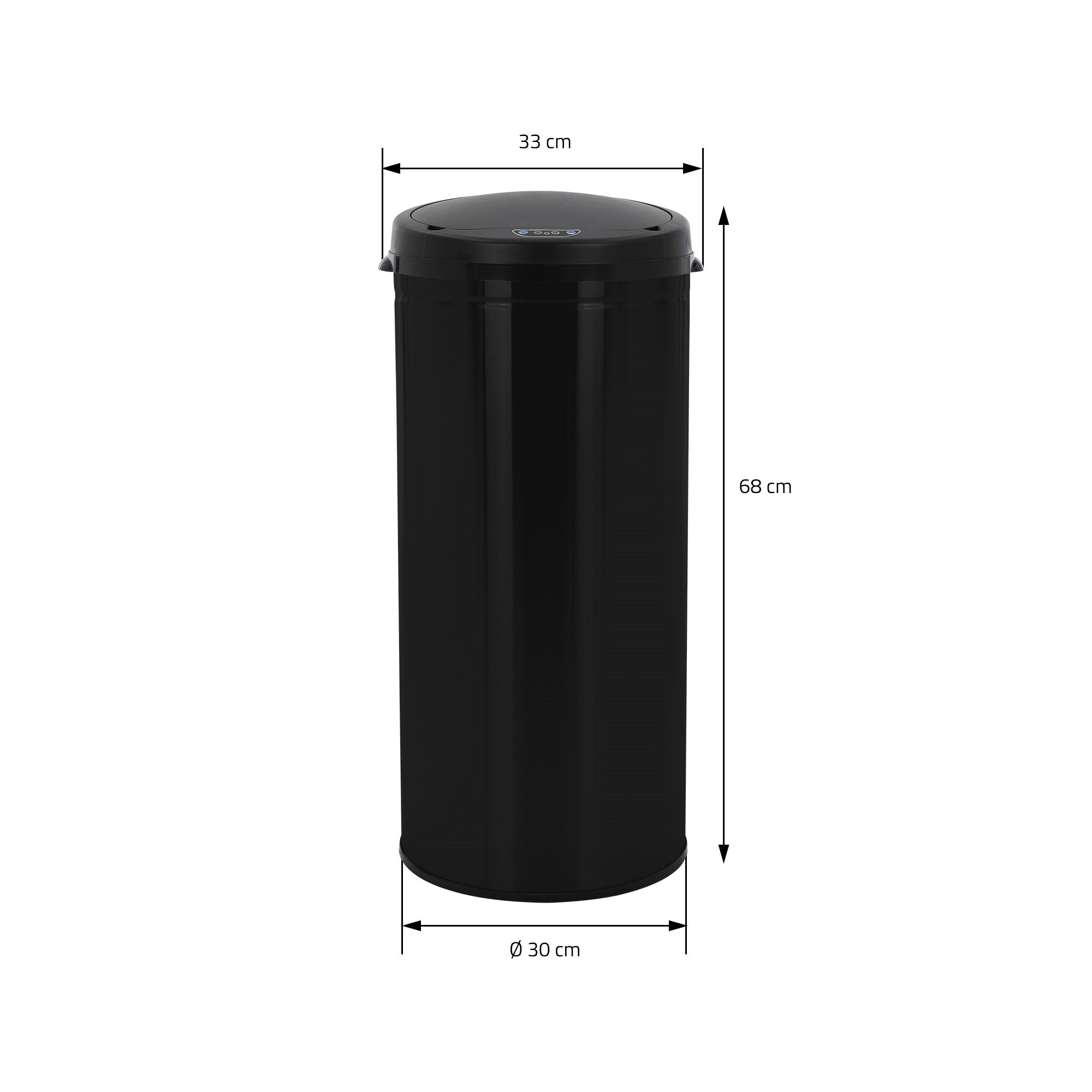Black trash can with dimensions: 33 cm x 68 cm.