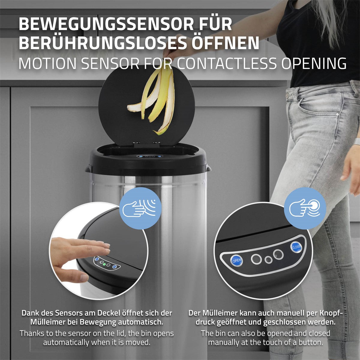 Mülleimer mit Bewegungssensor, Deckel öffnet sich automatisch.