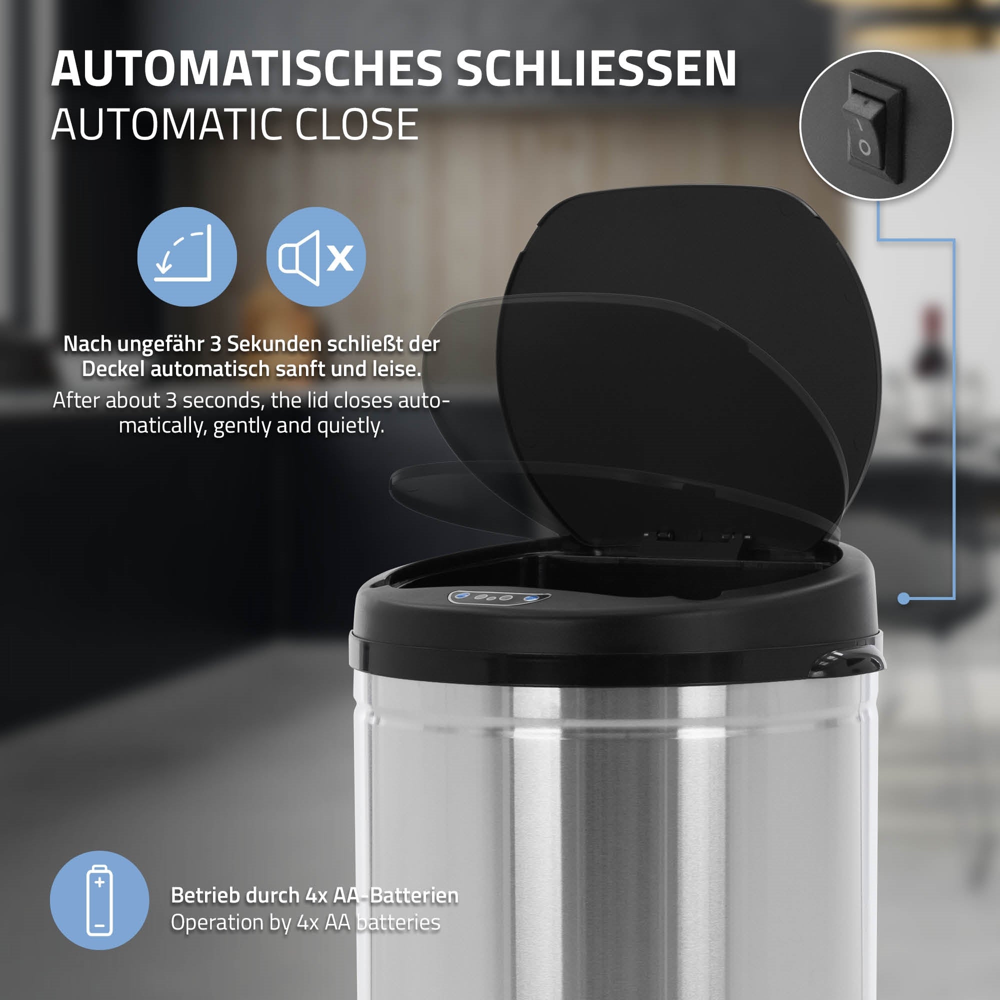 Trash can with automatic lid, on a gray background.