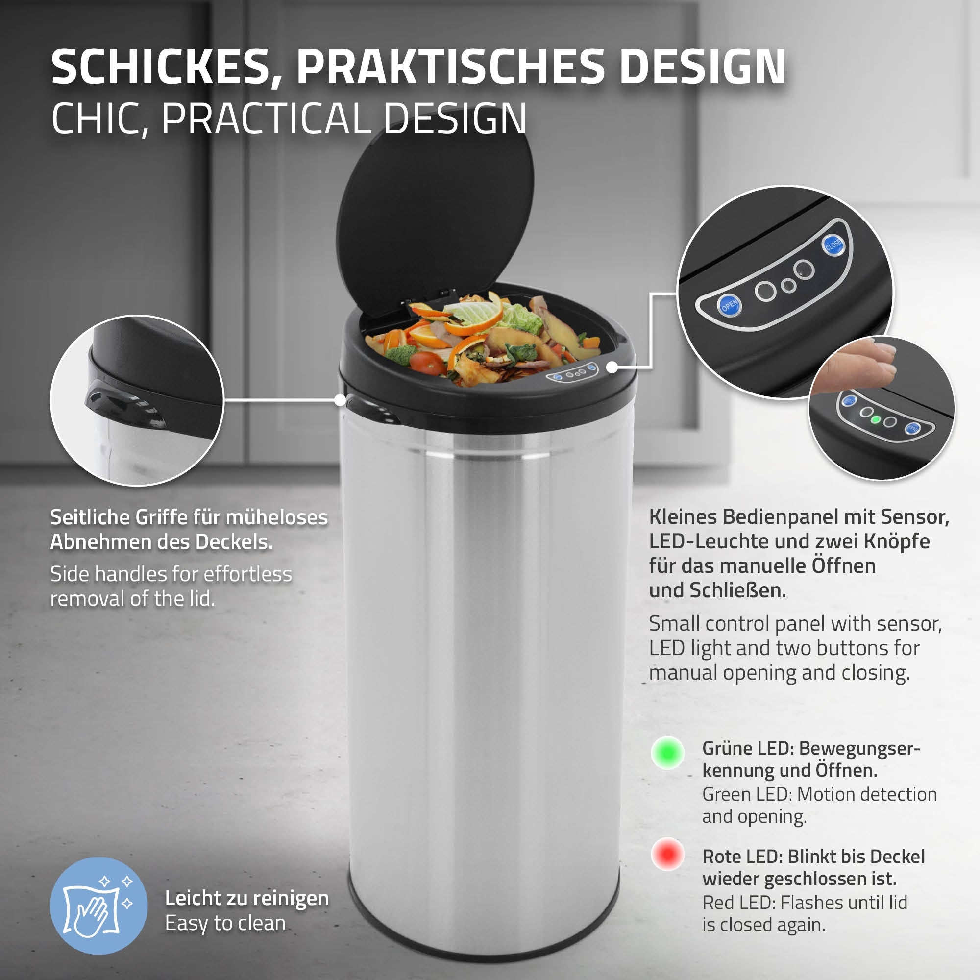 Stainless steel trash can with open lid and waste inside.