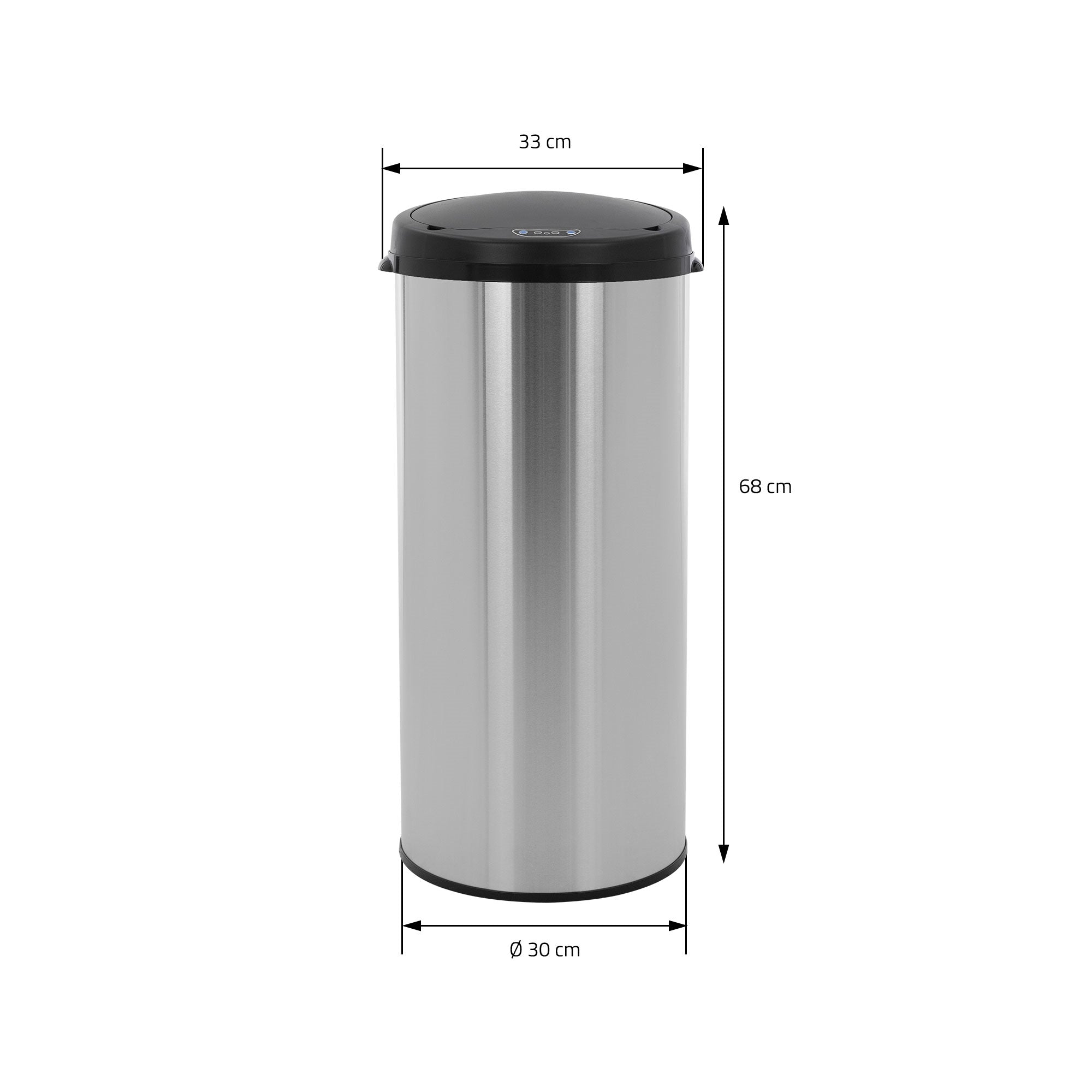 Round, silver trash can with dimensions on a white background.