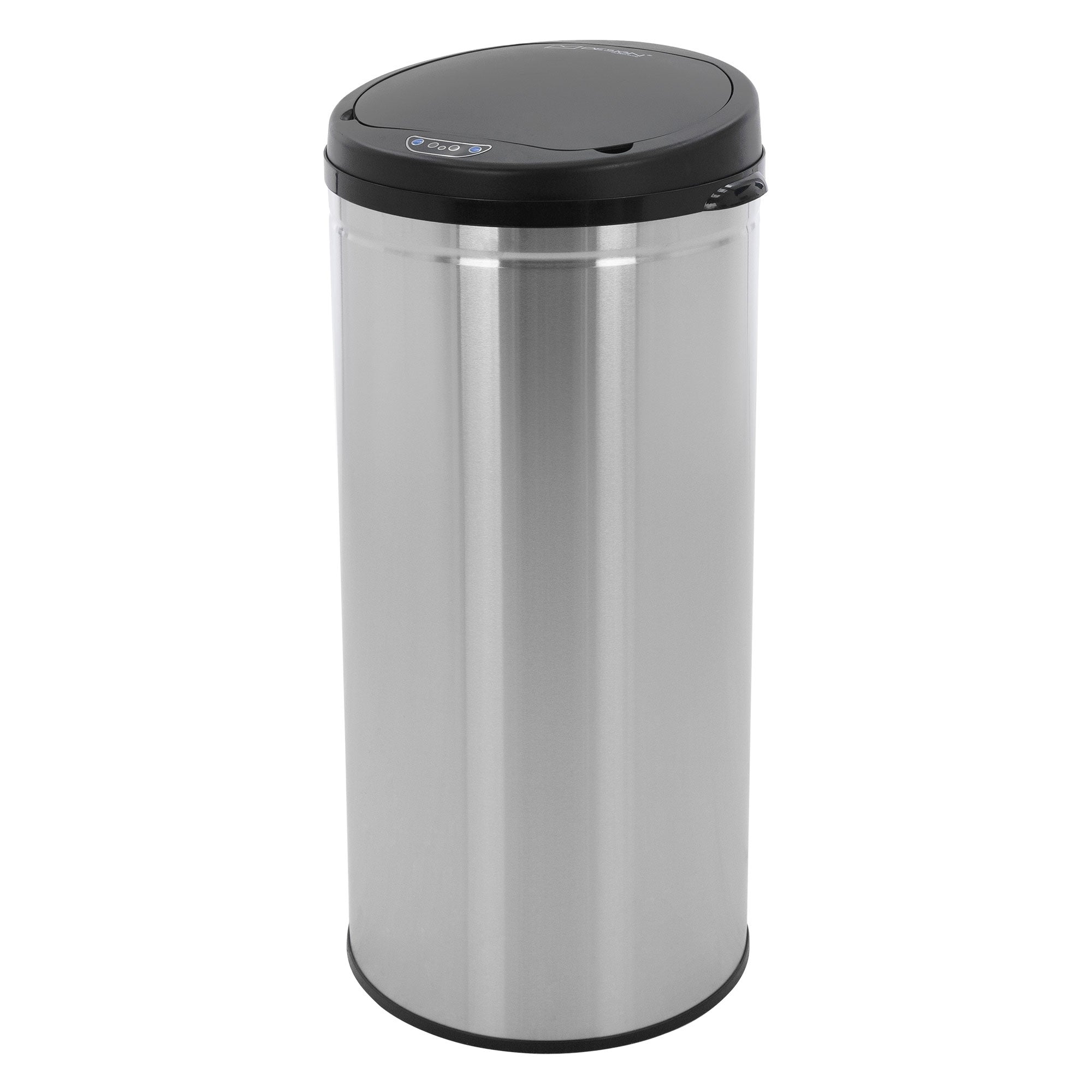 Round, silver trash can with lid.