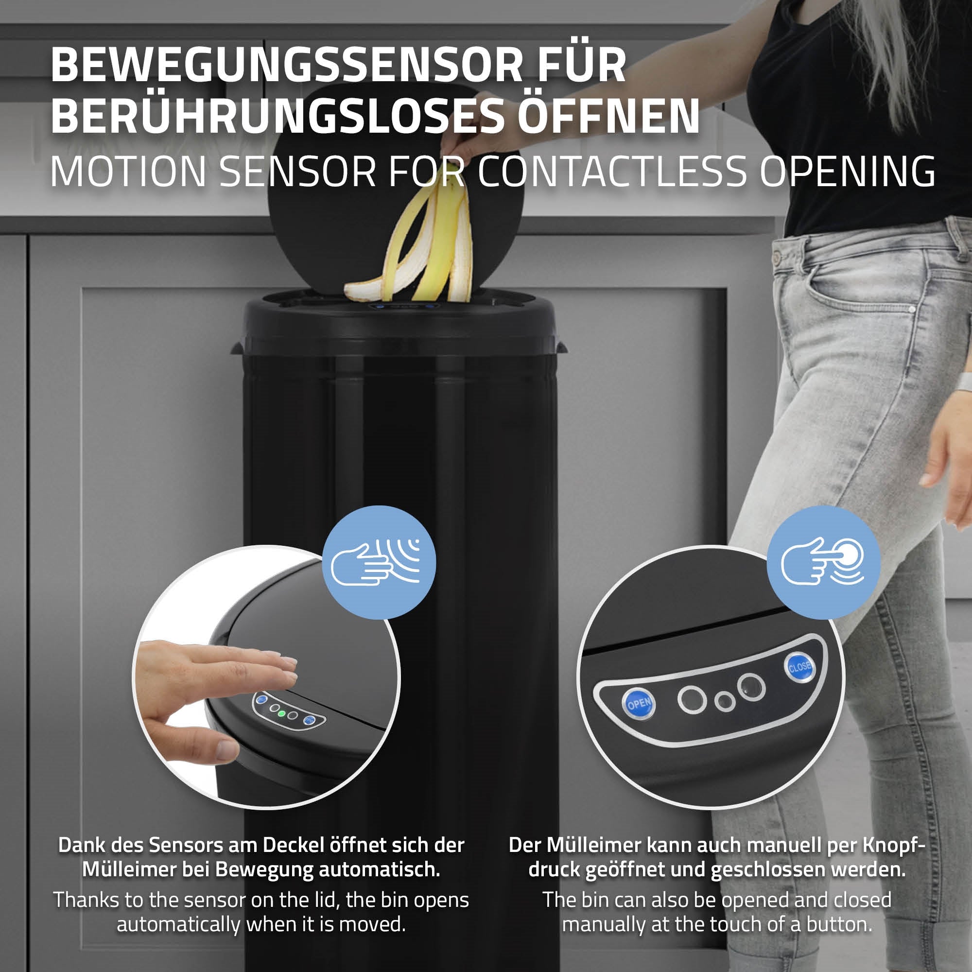 A trash can with a motion sensor and an open lid.