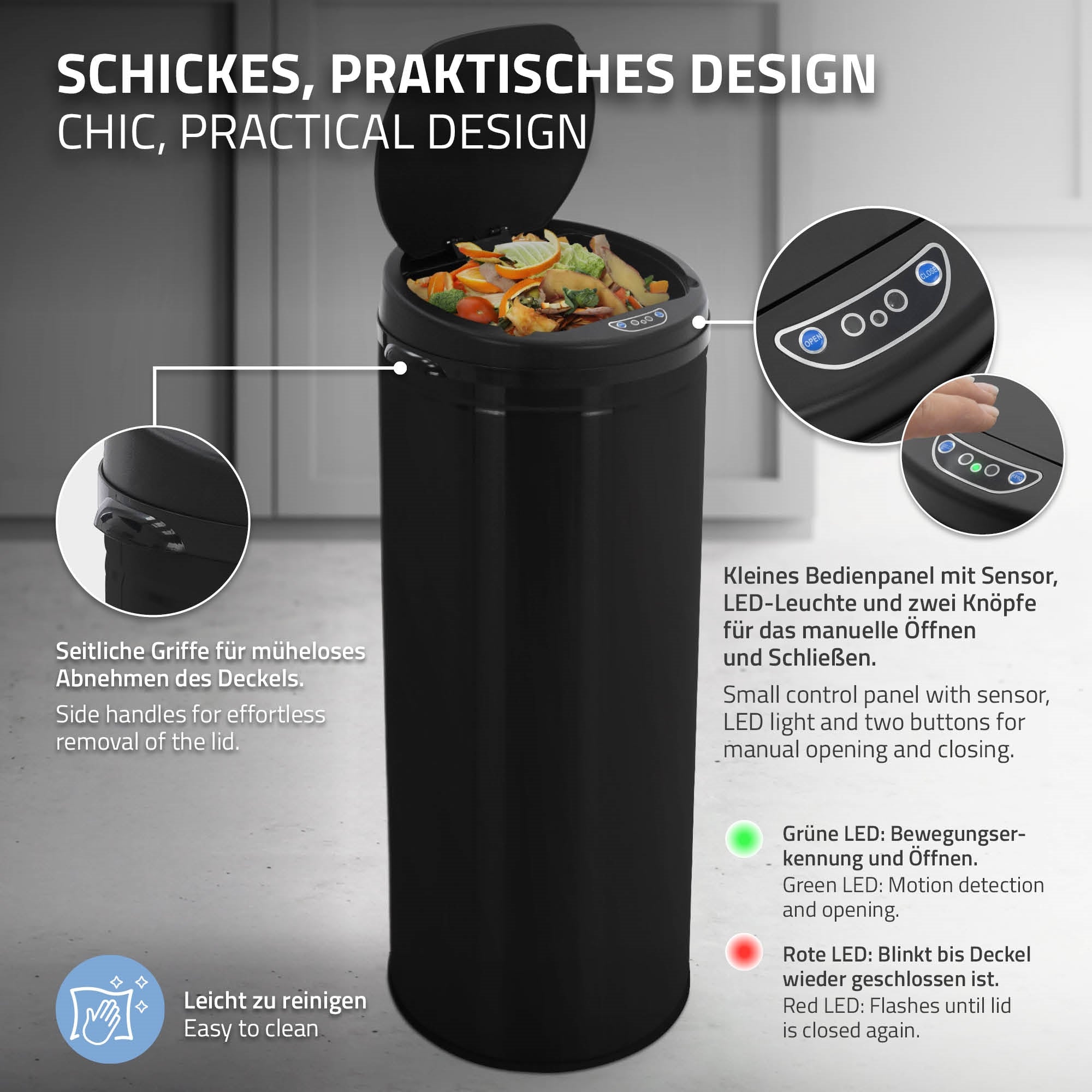 Black trash can with sensor and LED display, open with waste.