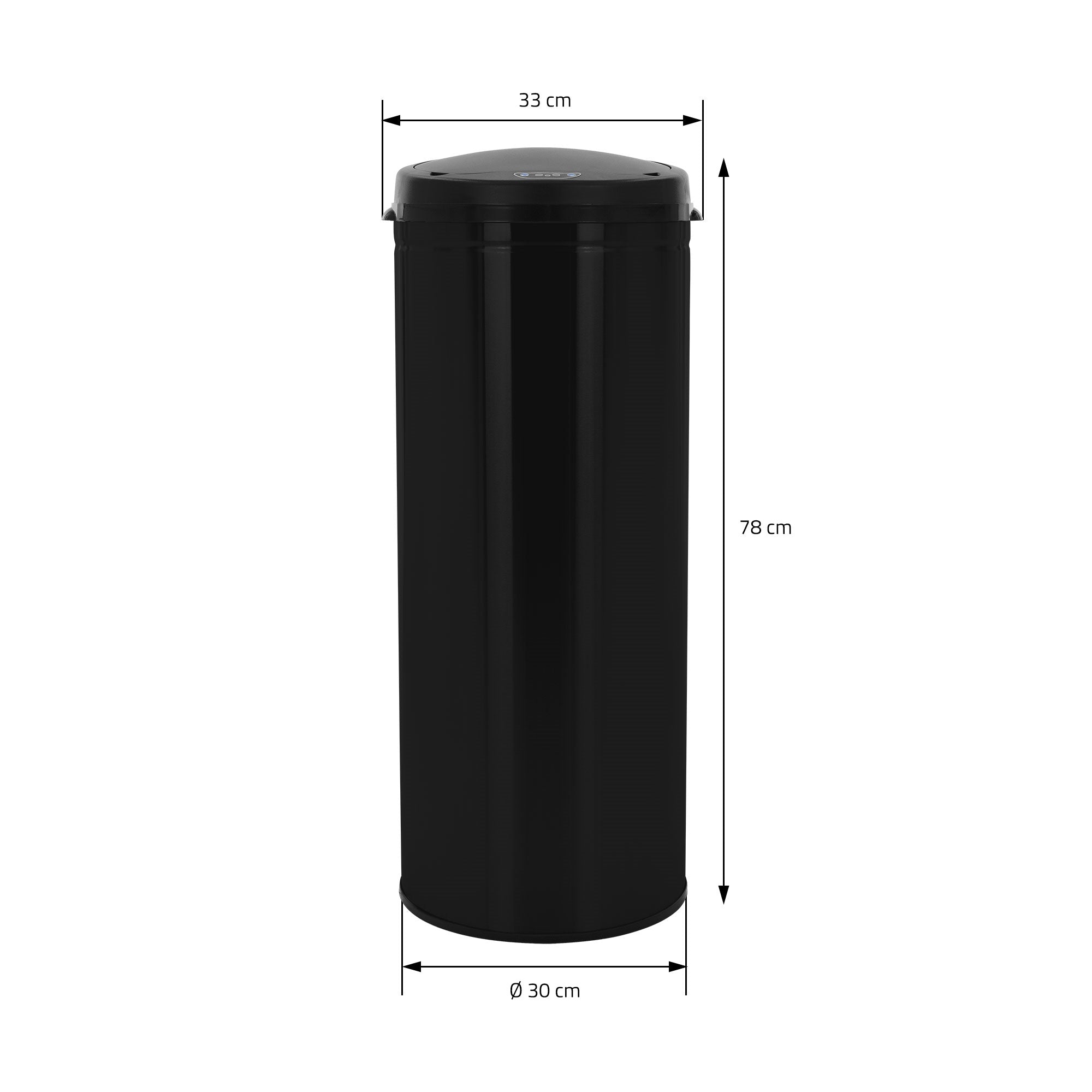 Black trash can with measurements, height 78 cm, diameter 30 cm.