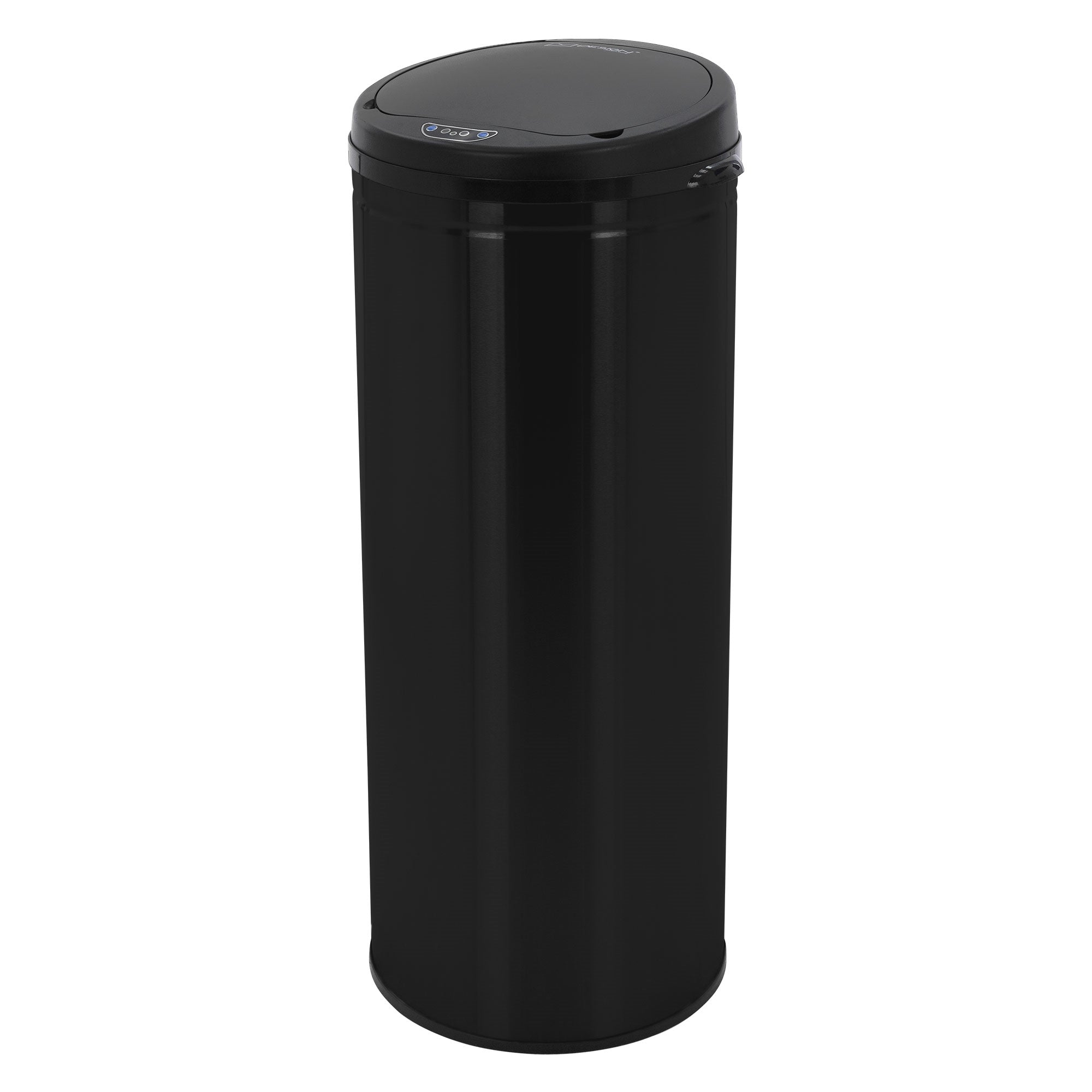 Black, round trash can with lid, on a white background.