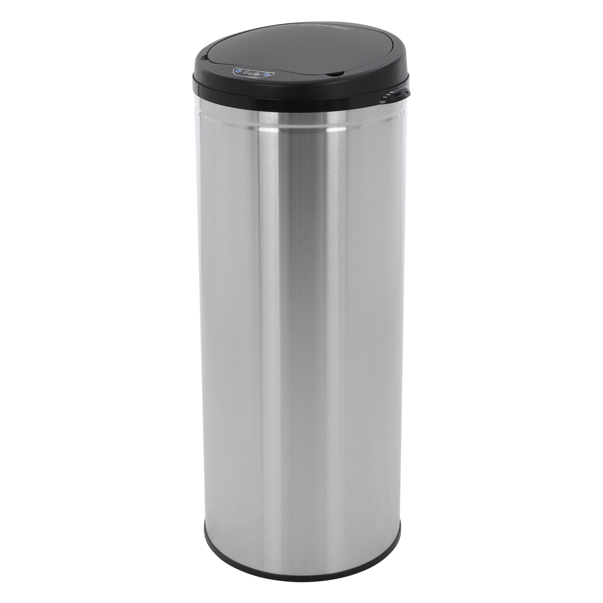 High-gloss silver trash container with black lid.