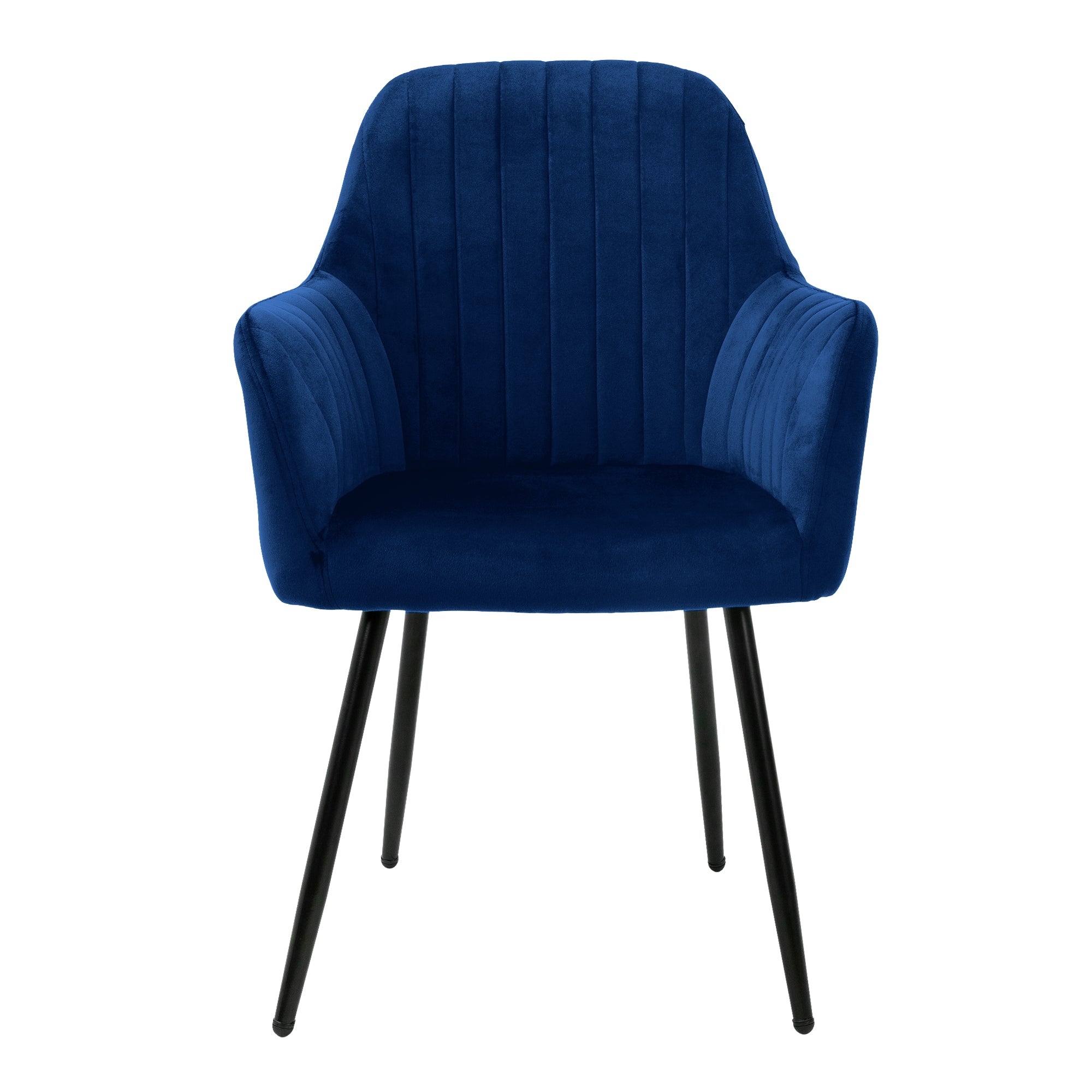 Ein blauer Stuhl mit gepolstertem Sitz und Rückenlehne.